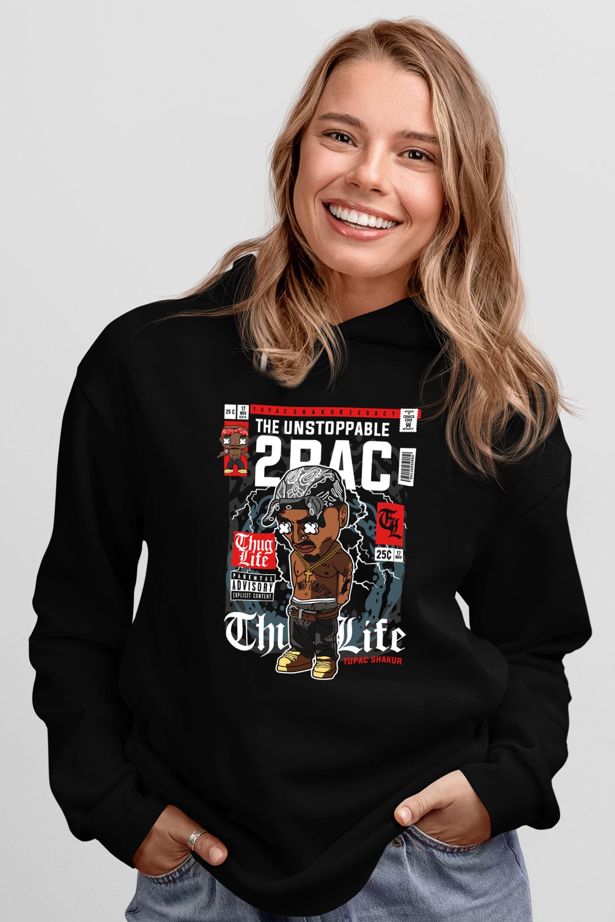 2 Pac Baskılı Unisex Siyah Hoodie