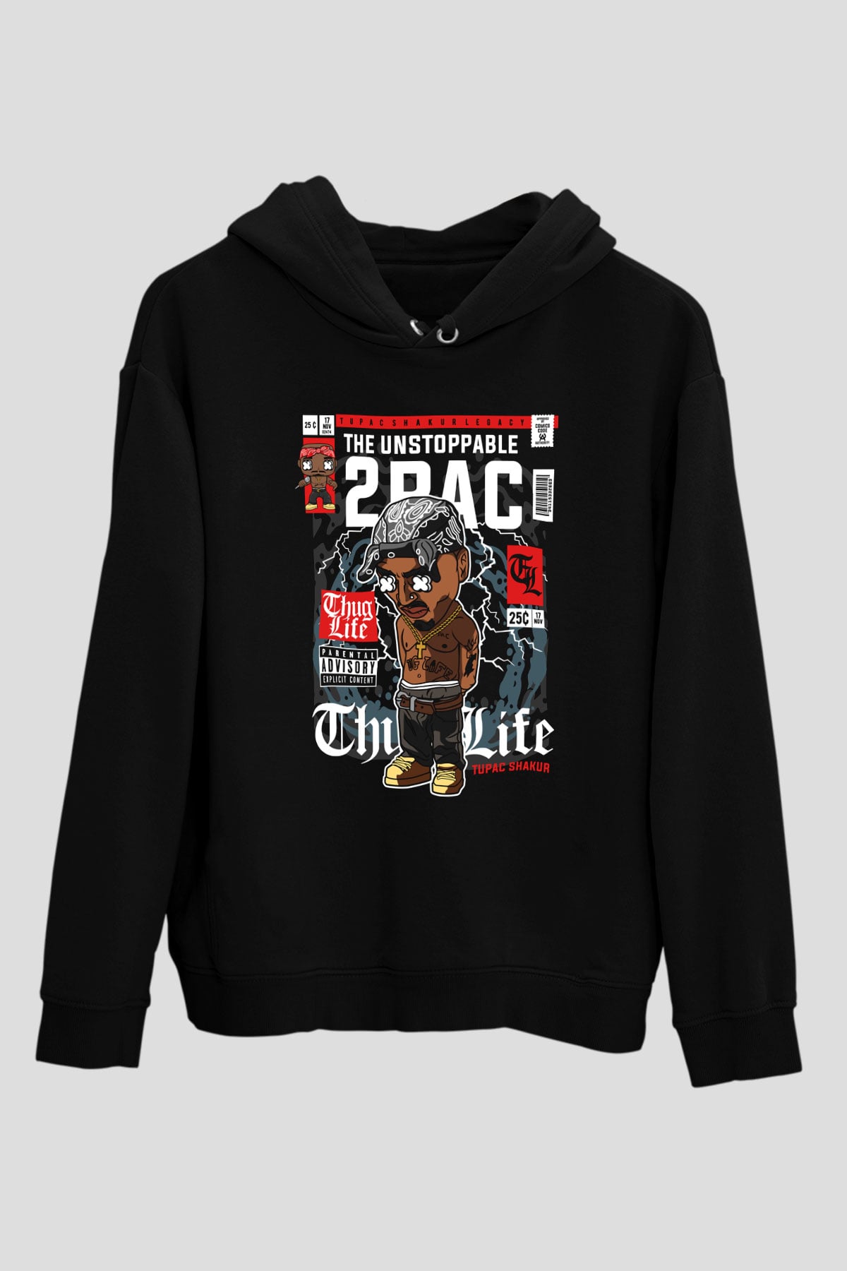 2 Pac Baskılı Unisex Siyah Hoodie