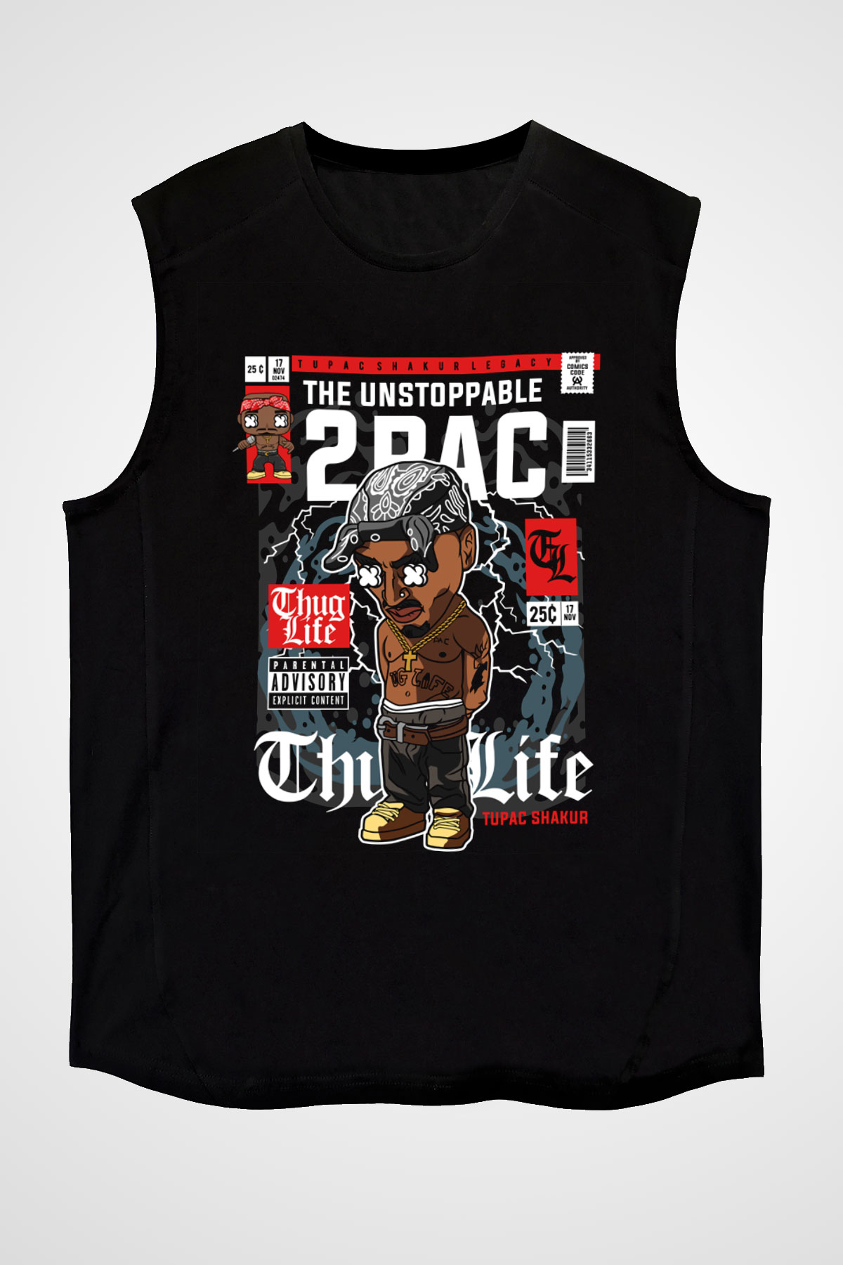 2 Pac Baskılı Unisex Siyah Kolsuz Tişört