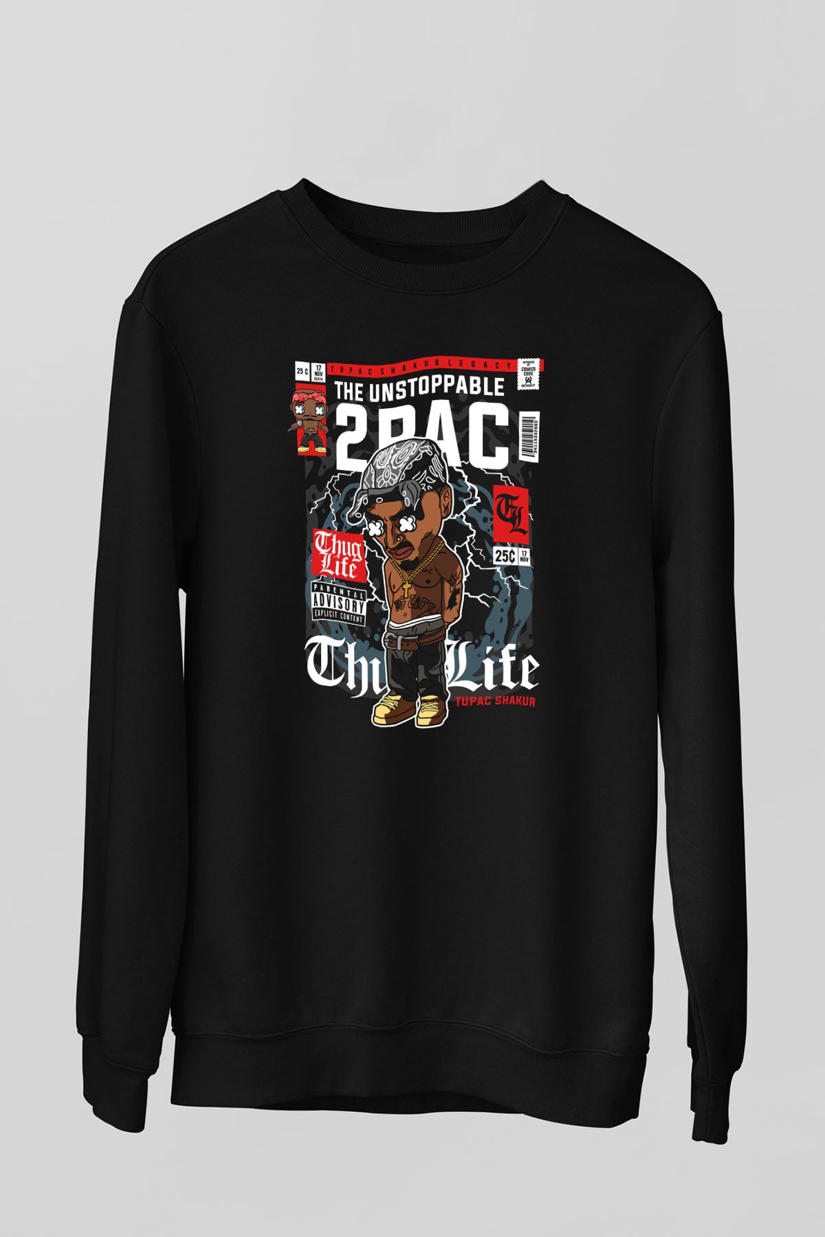 2 Pac Baskılı Unisex Siyah Sweatshirt