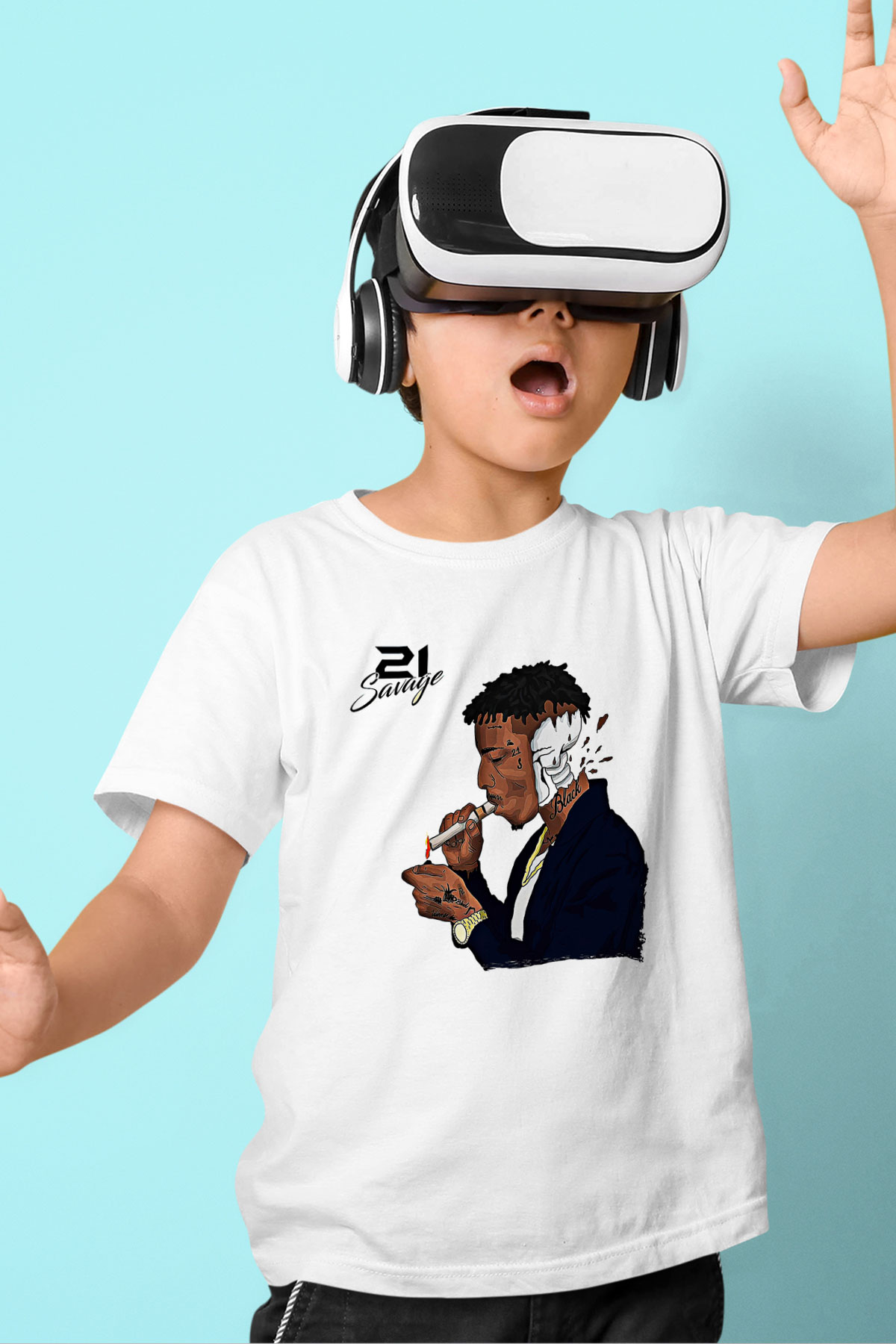 21 Savage Baskılı Beyaz Unisex Beyaz Çocuk Tişört - Tshirt