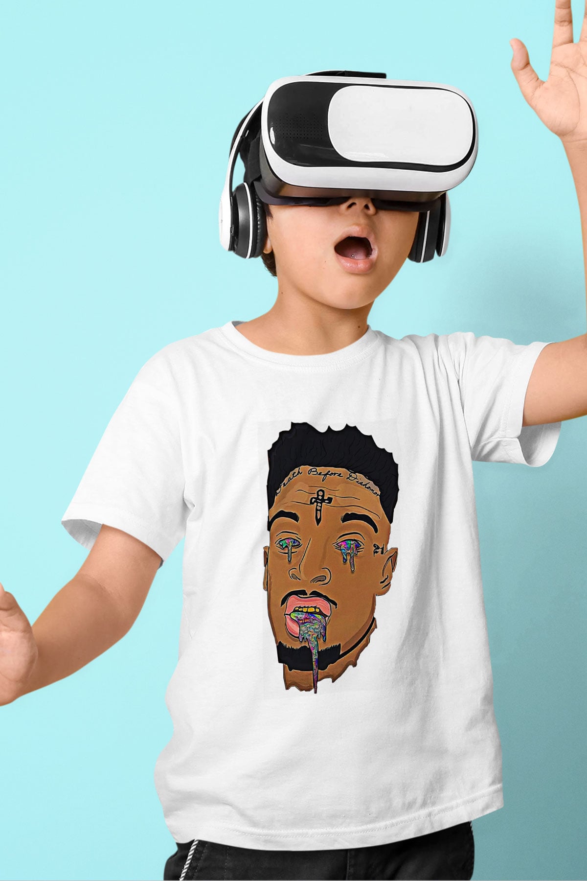 21 Savage Baskılı Beyaz Unisex Beyaz Çocuk Tişört - Tshirt