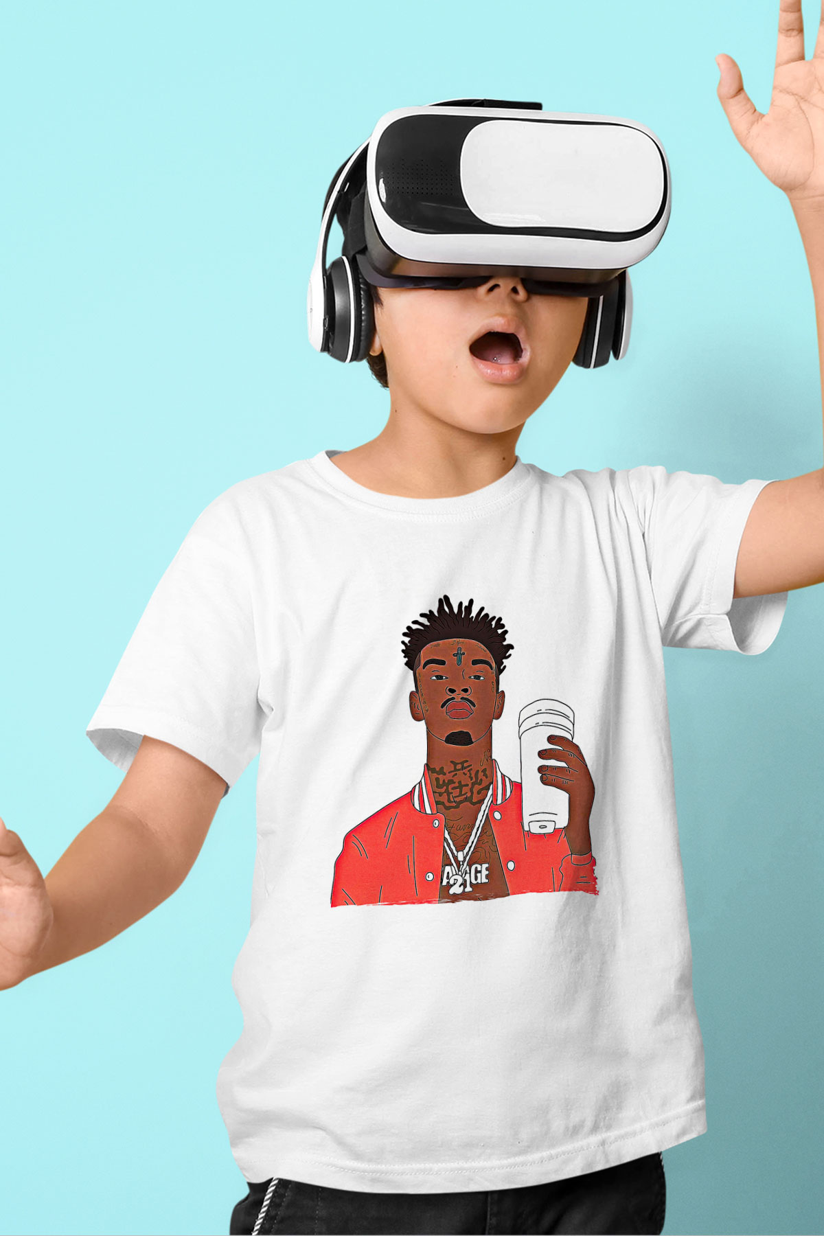 21 Savage Baskılı Beyaz Unisex Beyaz Çocuk Tişört - Tshirt