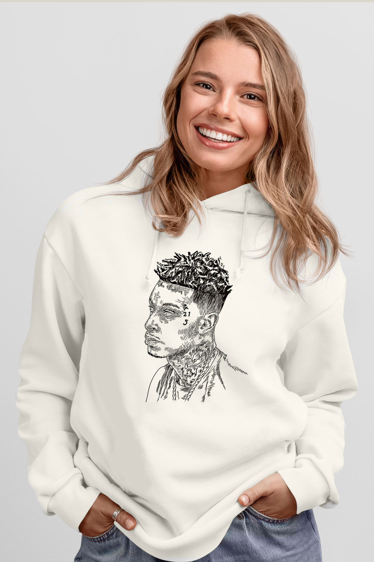 21 Savage Baskılı Beyaz Unisex Kapüşonlu Sweatshirt