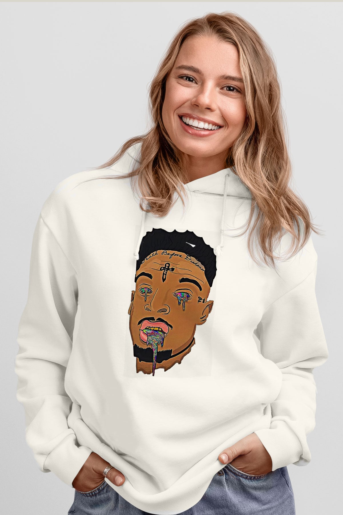 21 Savage Baskılı Beyaz Unisex Kapüşonlu Sweatshirt