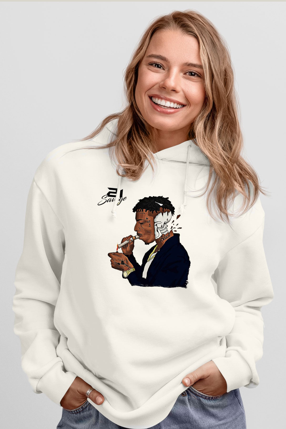 21 Savage Baskılı Beyaz Unisex Kapüşonlu Sweatshirt