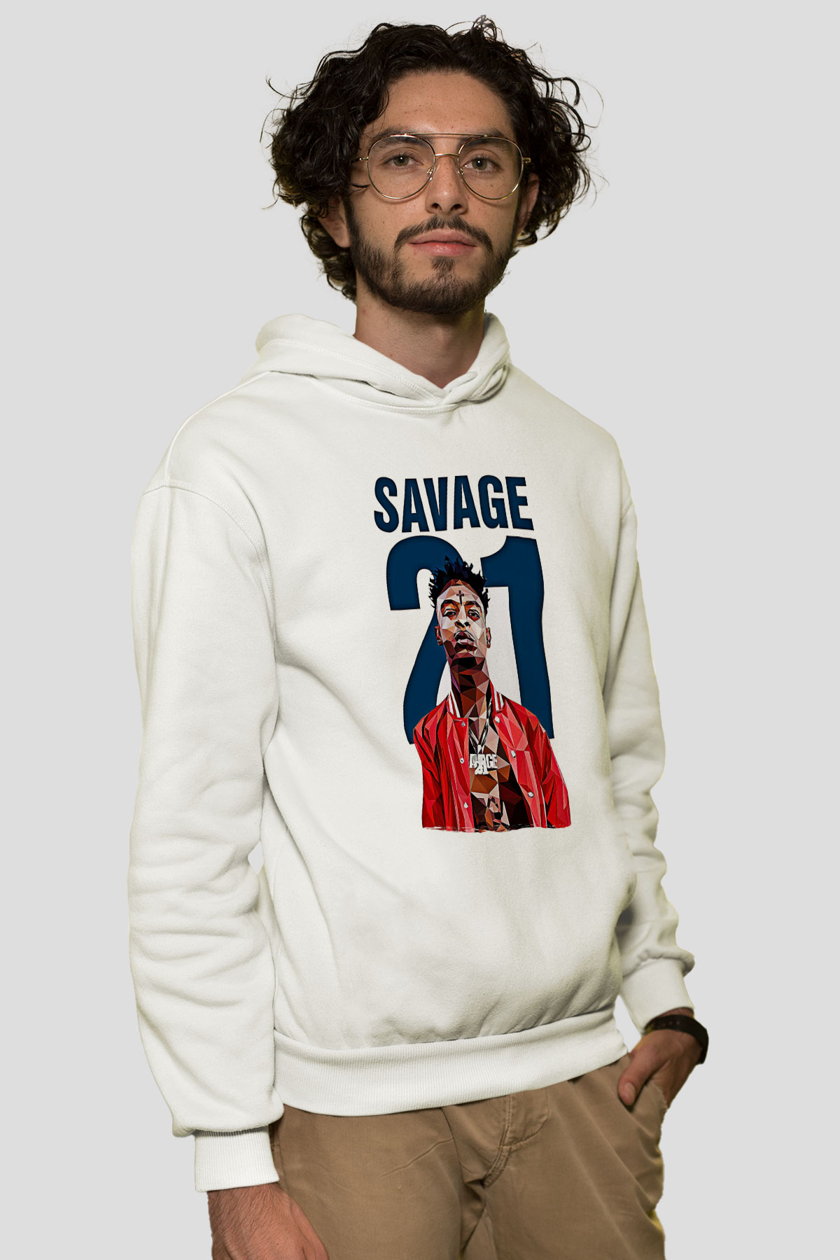 21 Savage Baskılı Beyaz Unisex Kapüşonlu Sweatshirt