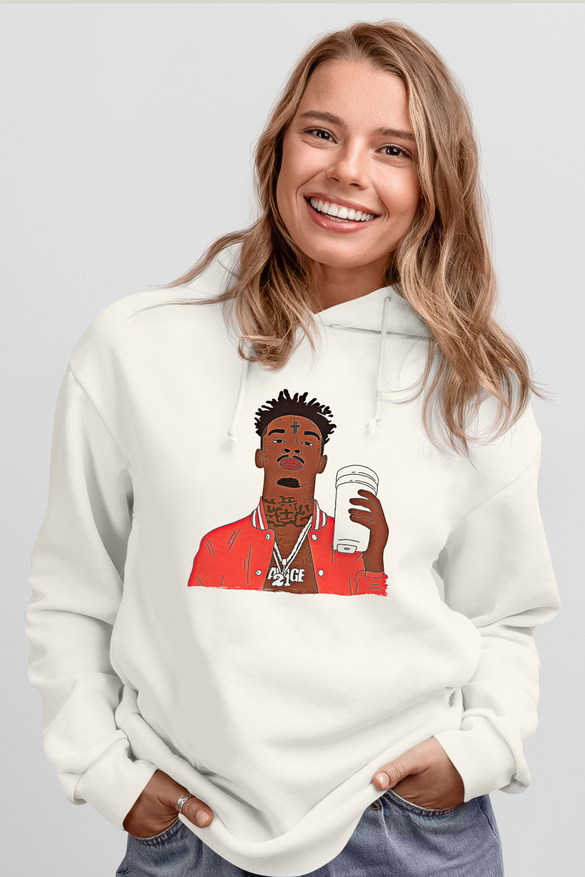 21 Savage Baskılı Beyaz Unisex Kapüşonlu Sweatshirt