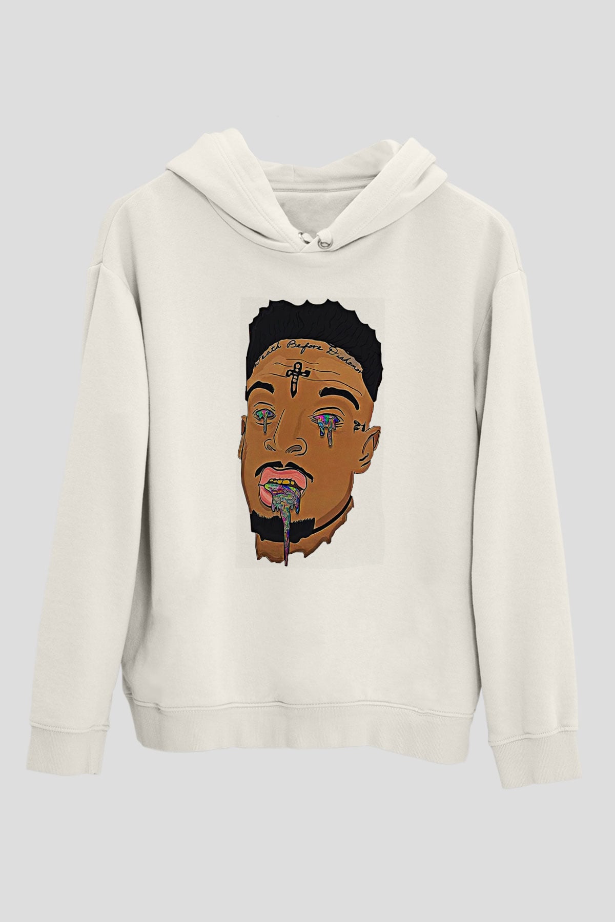 21 Savage Baskılı Beyaz Unisex Kapüşonlu Sweatshirt