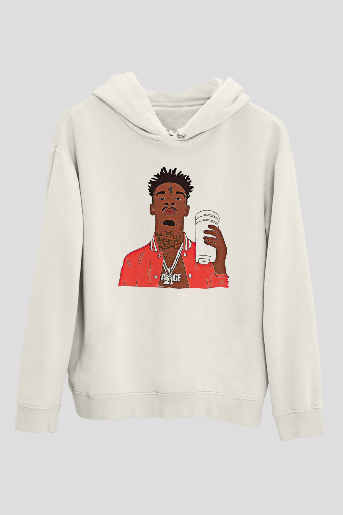 21 Savage Baskılı Beyaz Unisex Kapüşonlu Sweatshirt