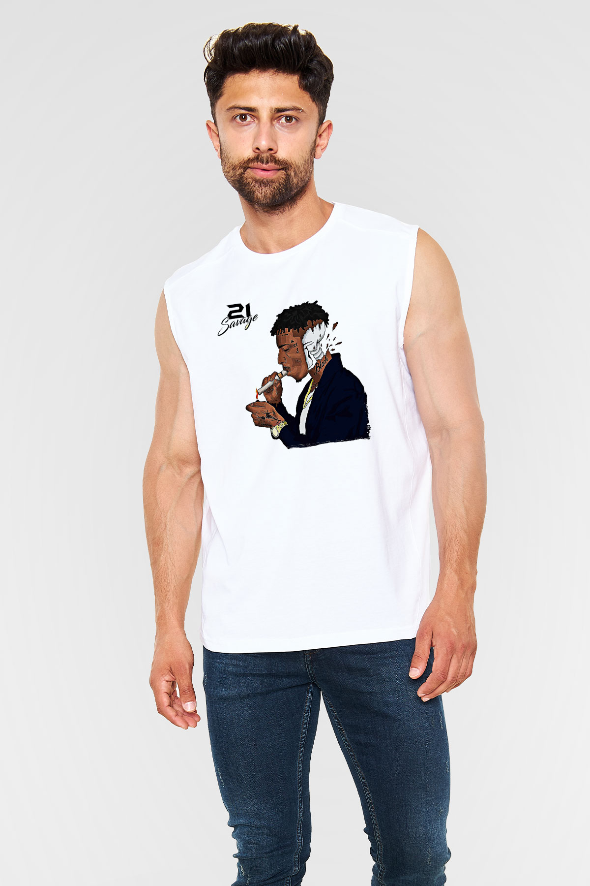 21 Savage Baskılı Beyaz Unisex Kolsuz Tişört - Tshirt