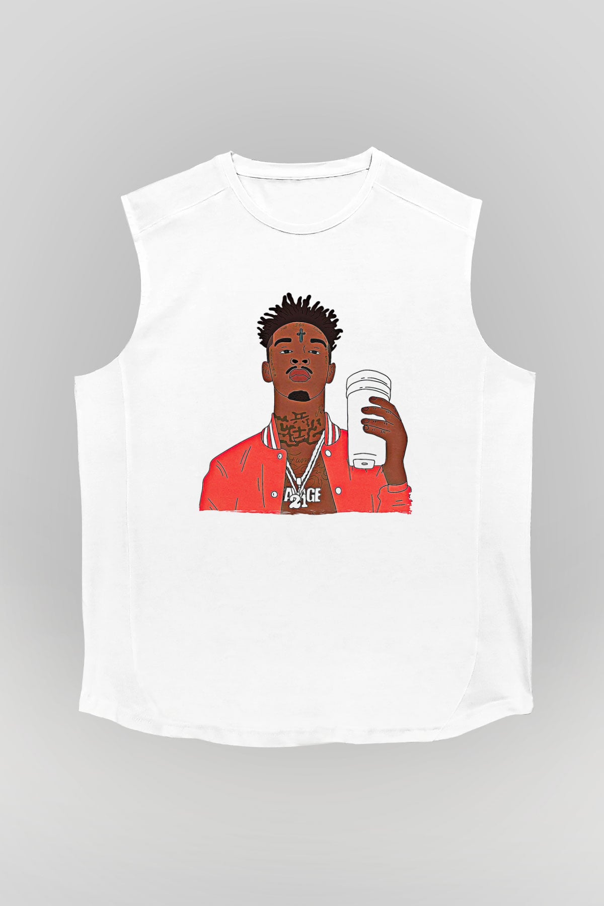 21 Savage Baskılı Beyaz Unisex Kolsuz Tişört - Tshirt