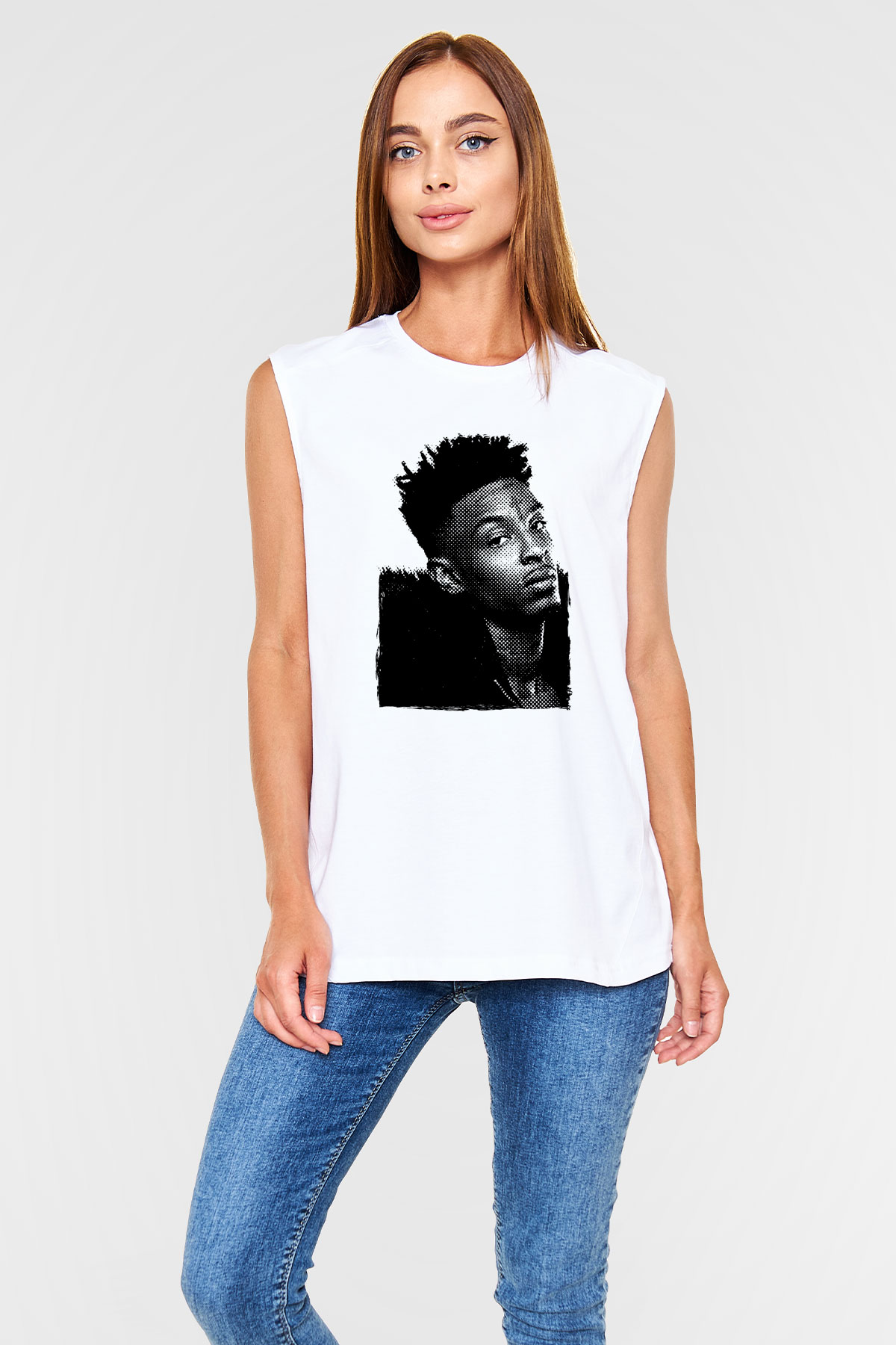 21 Savage Baskılı Beyaz Unisex Kolsuz Tişört - Tshirt