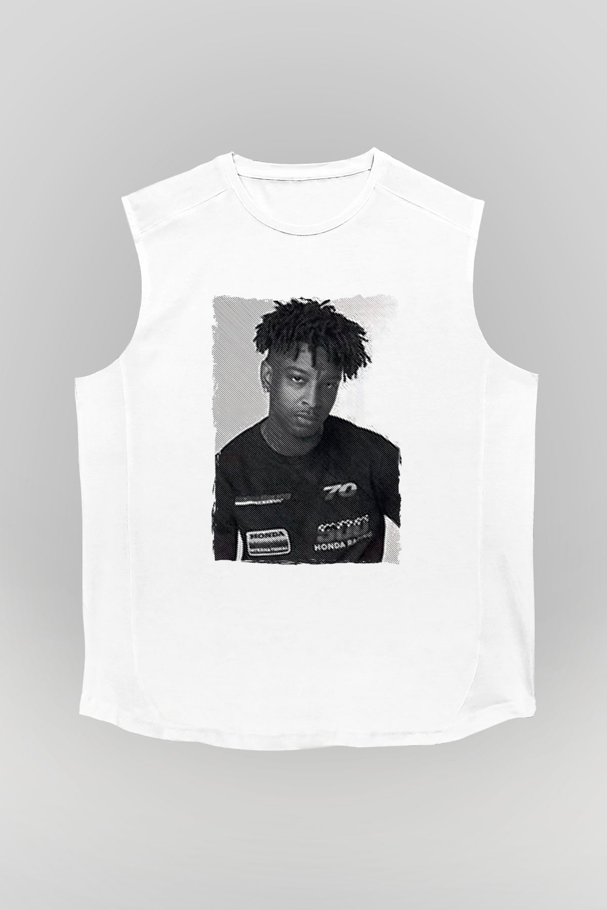 21 Savage Baskılı Beyaz Unisex Kolsuz Tişört - Tshirt