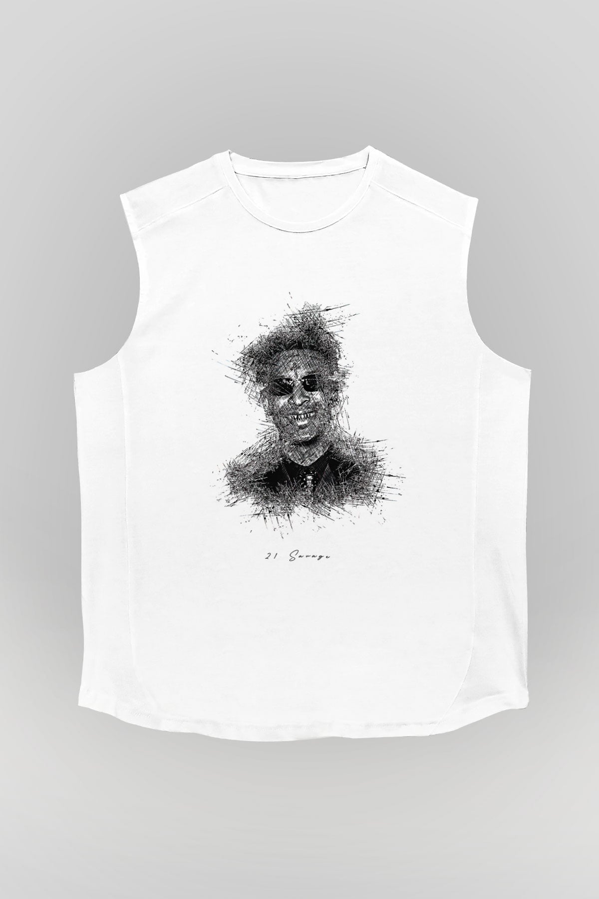 21 Savage Baskılı Beyaz Unisex Kolsuz Tişört - Tshirt