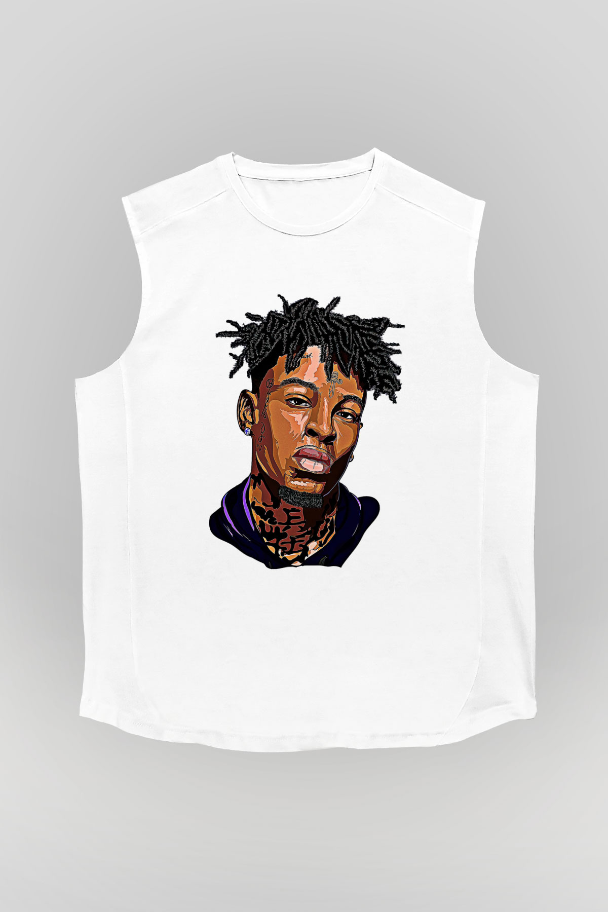 21 Savage Baskılı Beyaz Unisex Kolsuz Tişört - Tshirt
