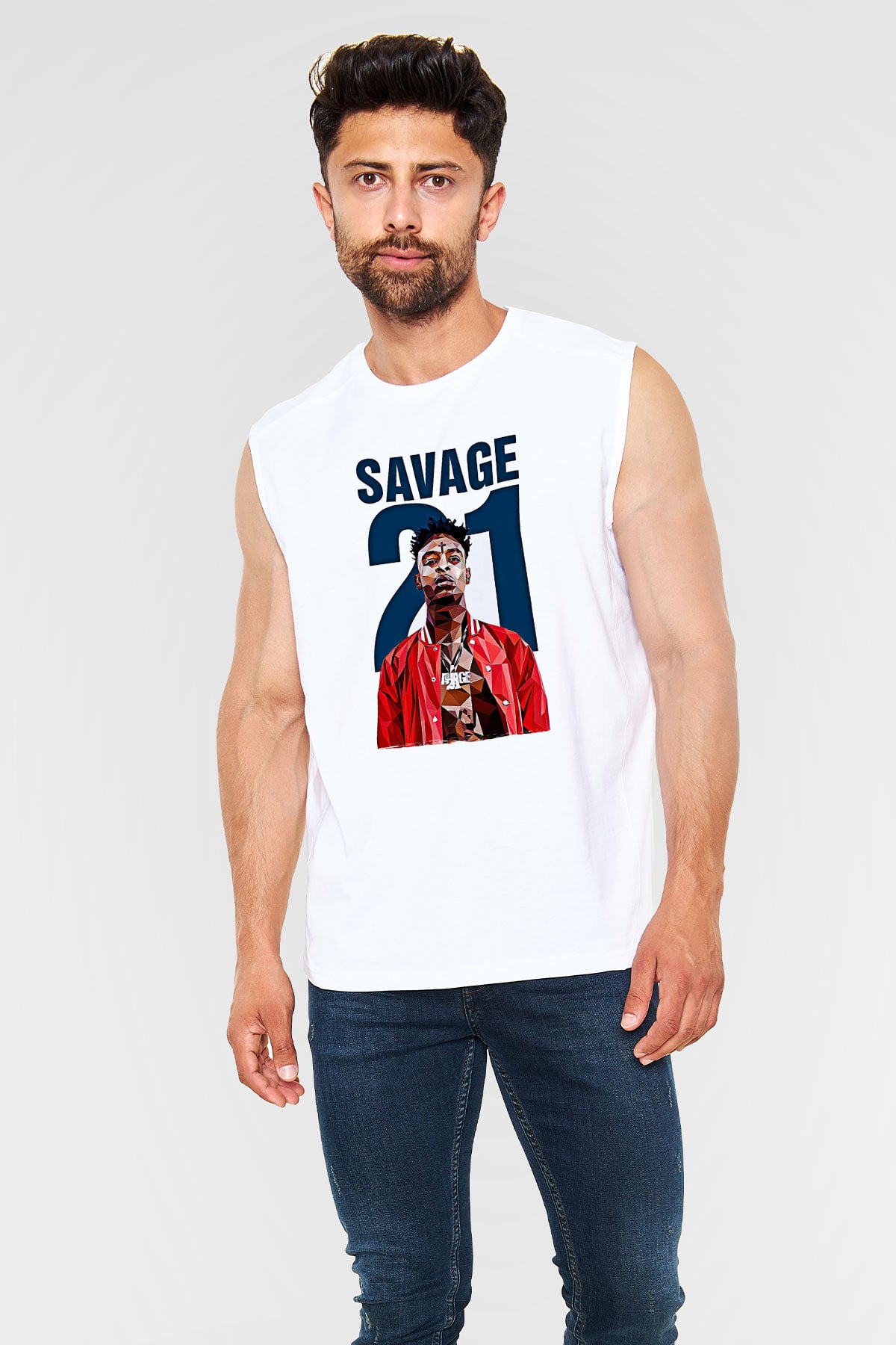 21 Savage Baskılı Beyaz Unisex Kolsuz Tişört - Tshirt