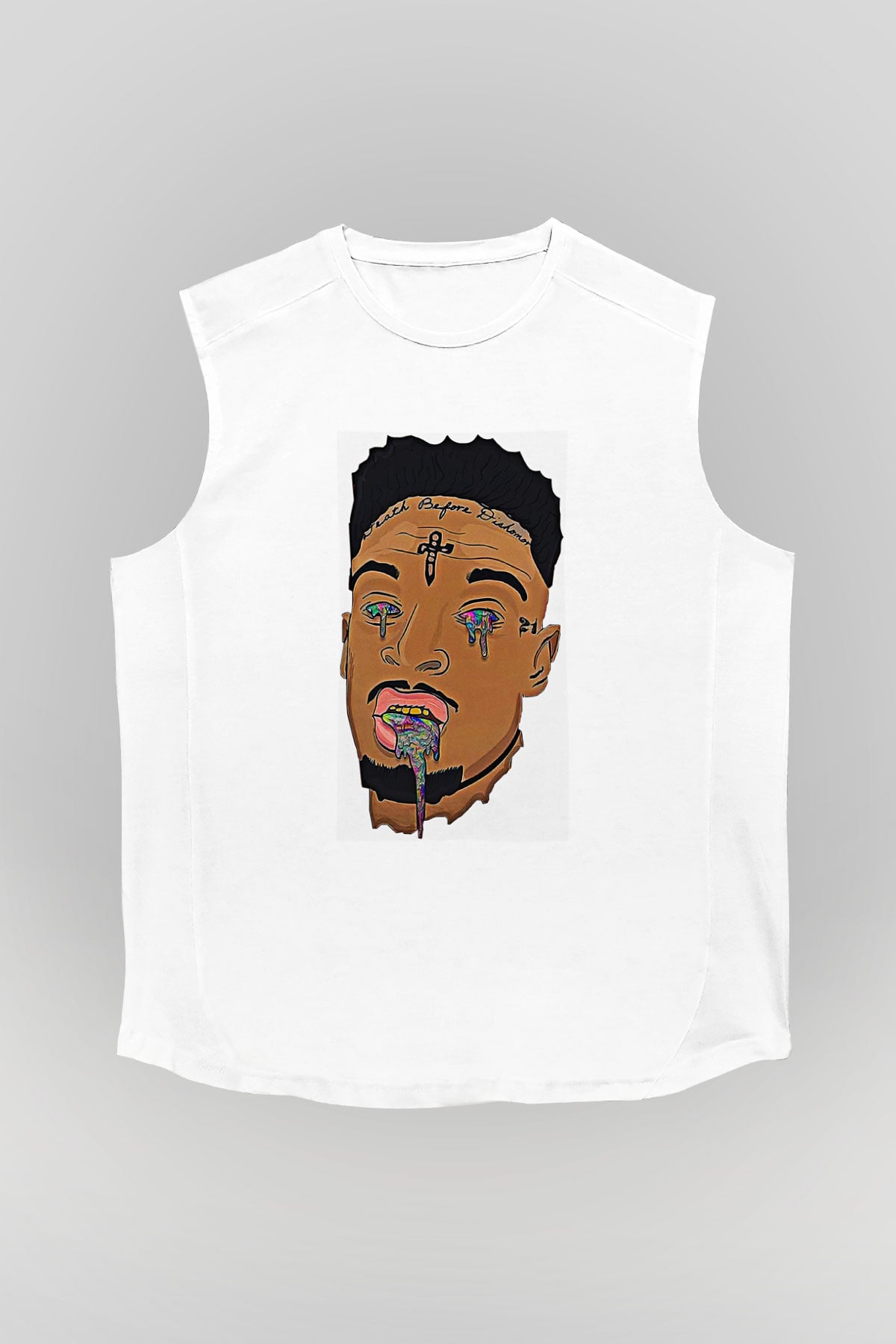 21 Savage Baskılı Beyaz Unisex Kolsuz Tişört - Tshirt