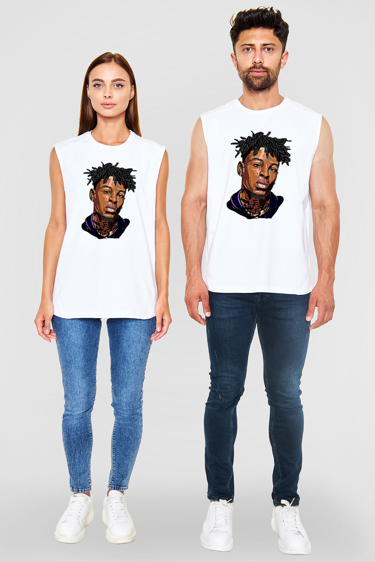 21 Savage Baskılı Beyaz Unisex Kolsuz Tişört - Tshirt