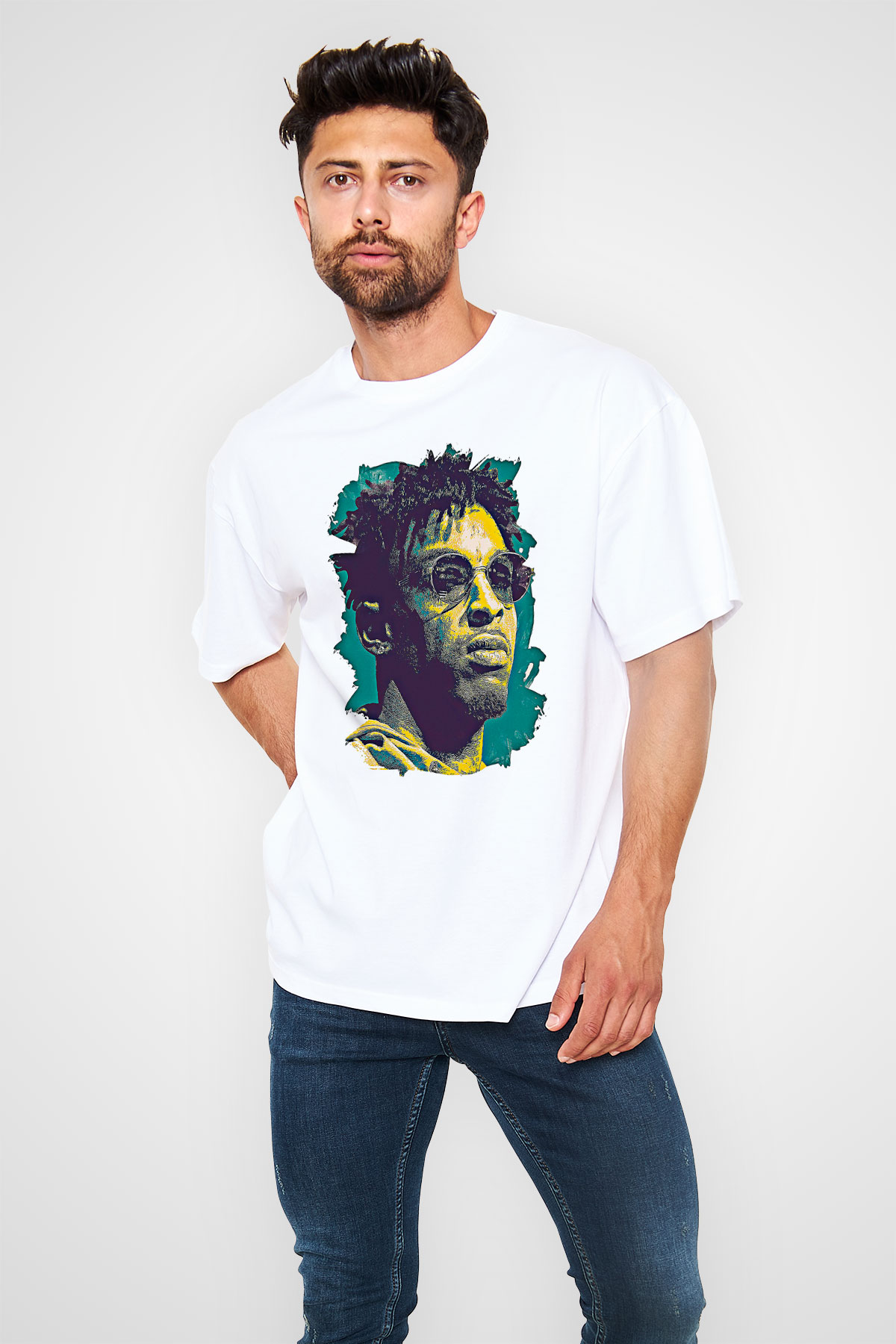 21 Savage Baskılı Beyaz Unisex Oversize Tişört - Tshirt