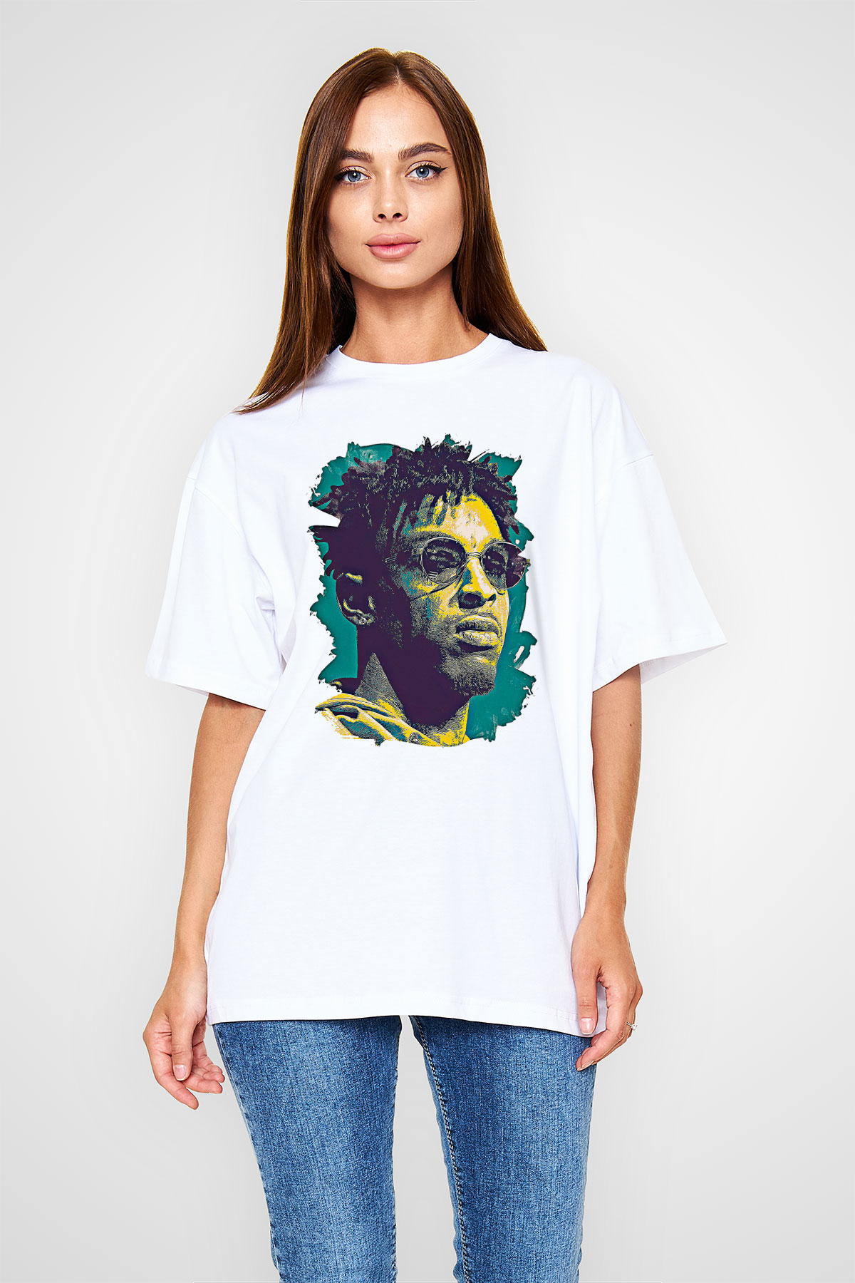 21 Savage Baskılı Beyaz Unisex Oversize Tişört - Tshirt