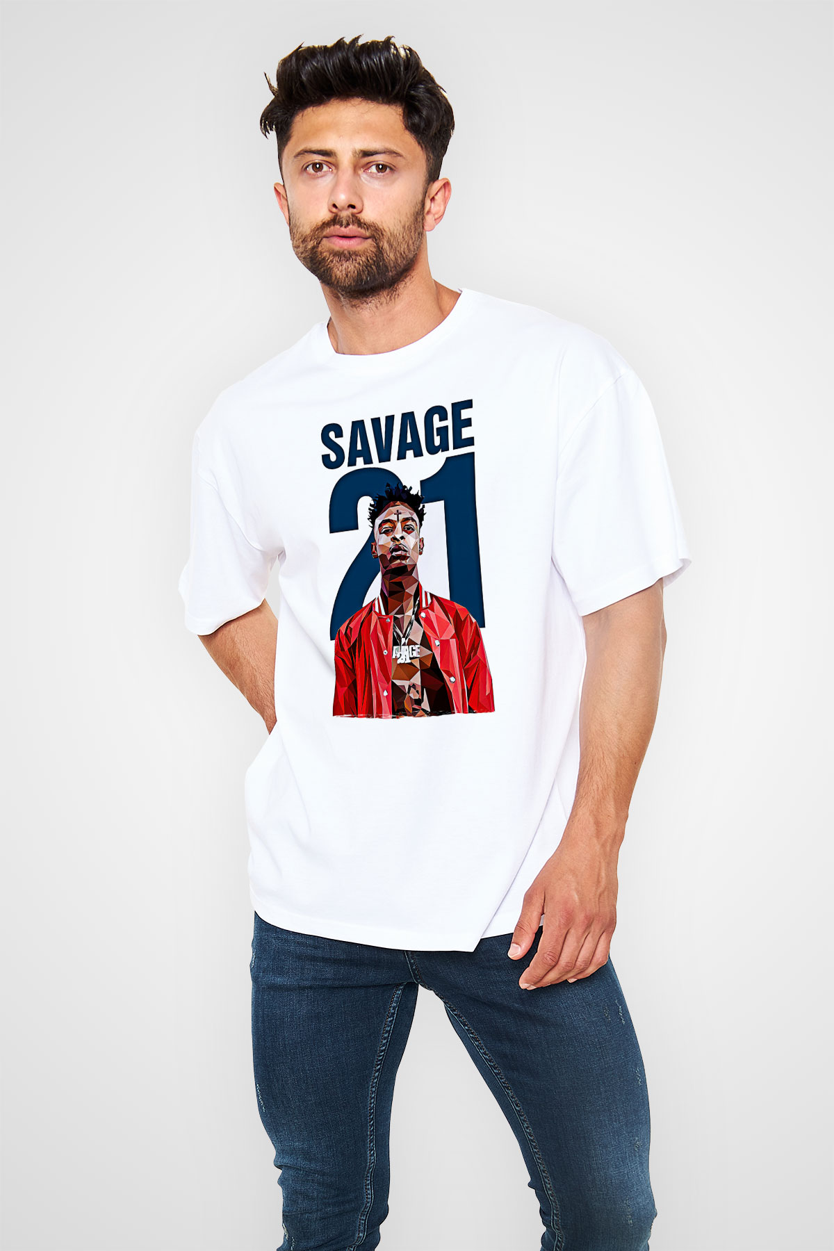 21 Savage Baskılı Beyaz Unisex Oversize Tişört - Tshirt