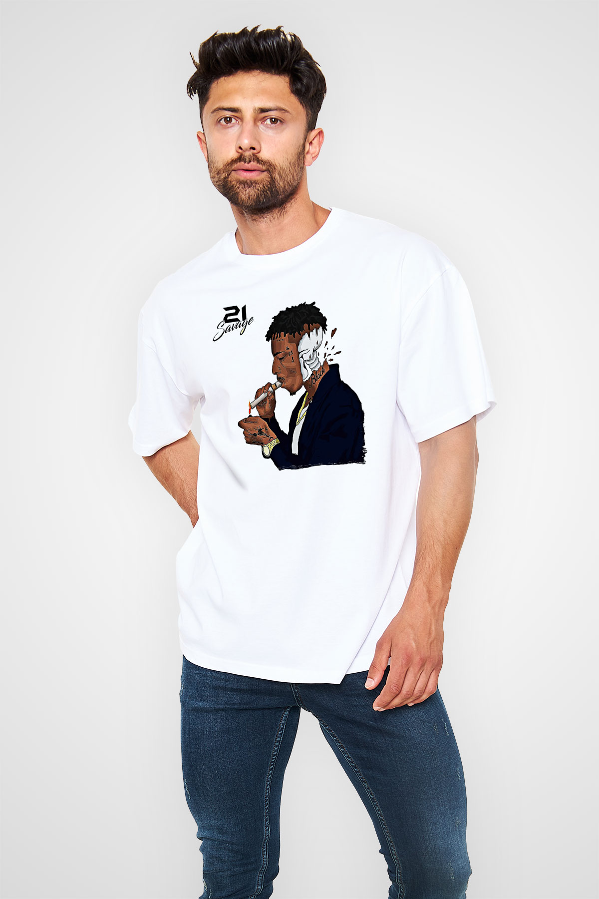 21 Savage Baskılı Beyaz Unisex Oversize Tişört - Tshirt