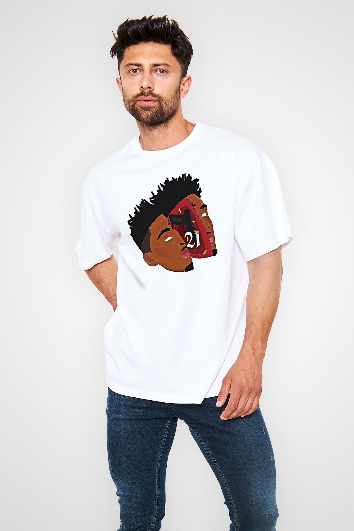 21 Savage Baskılı Beyaz Unisex Oversize Tişört - Tshirt