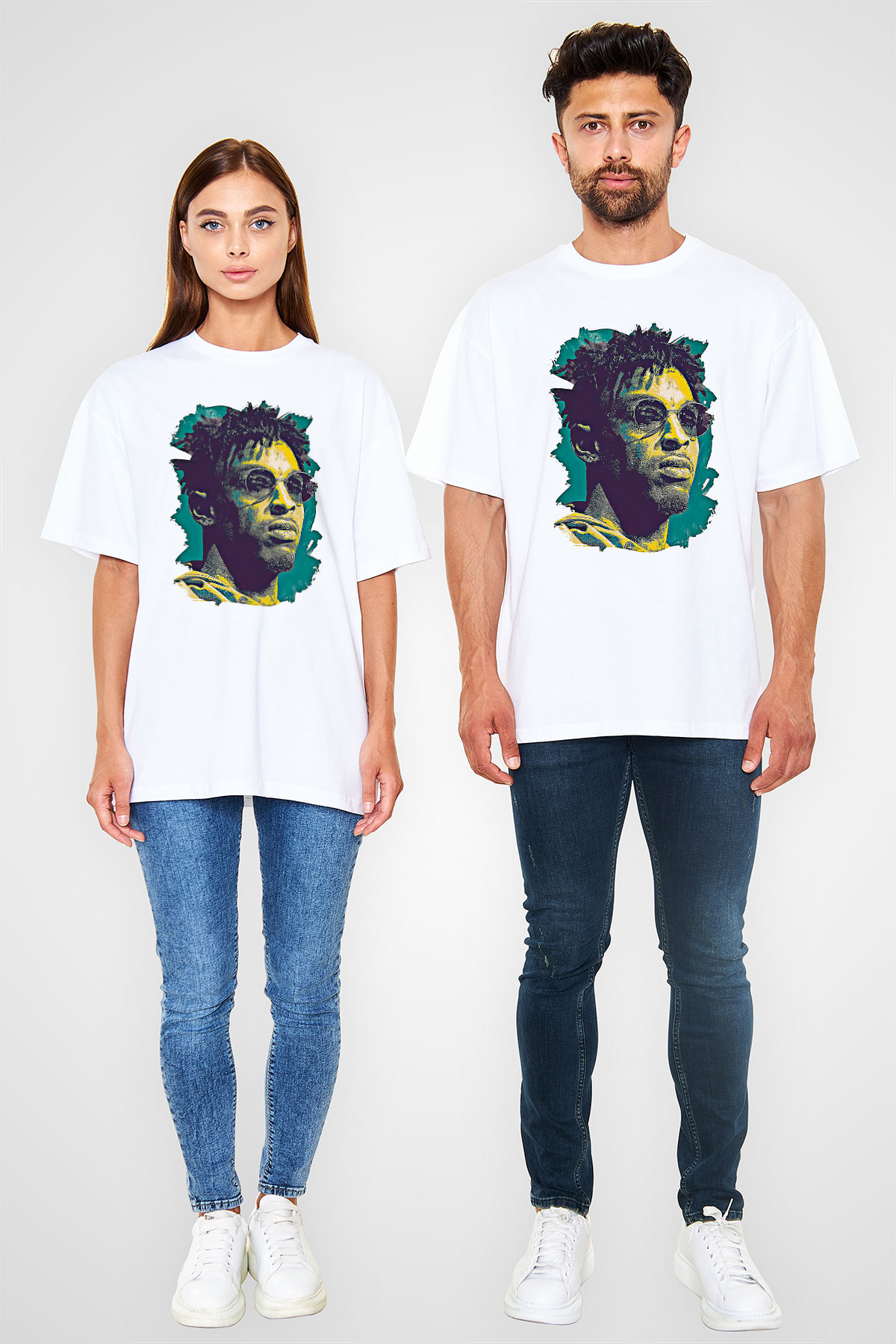 21 Savage Baskılı Beyaz Unisex Oversize Tişört - Tshirt