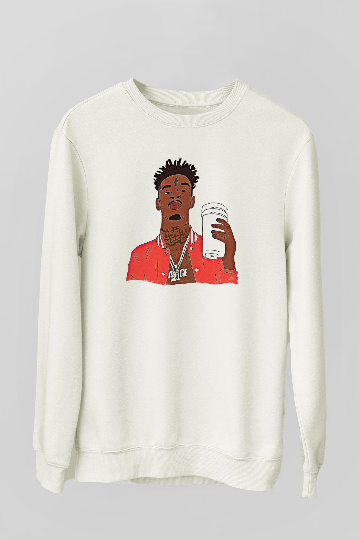 21 Savage Baskılı Beyaz Unisex Sweatshirt