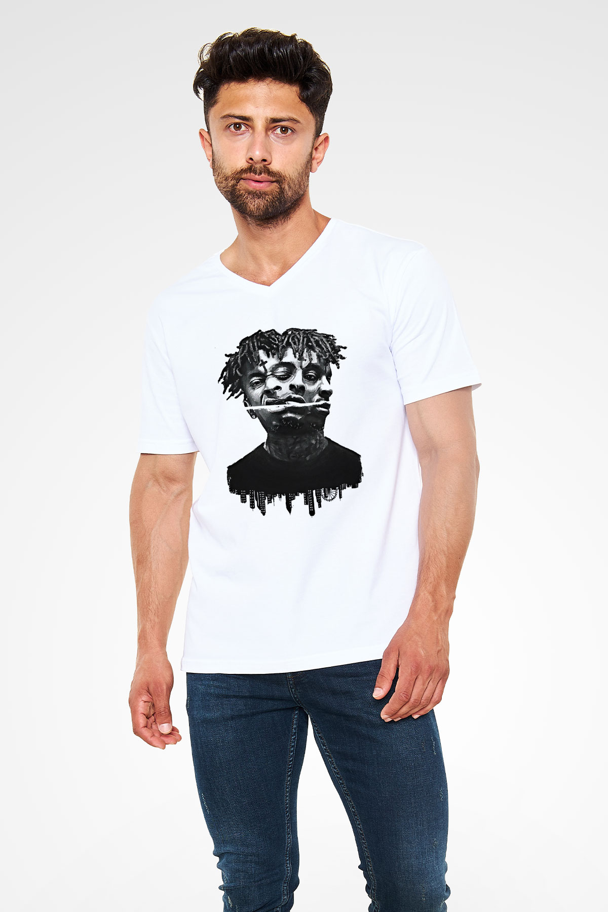 21 Savage Baskılı Beyaz Unisex V Yaka Tişört - Tshirt