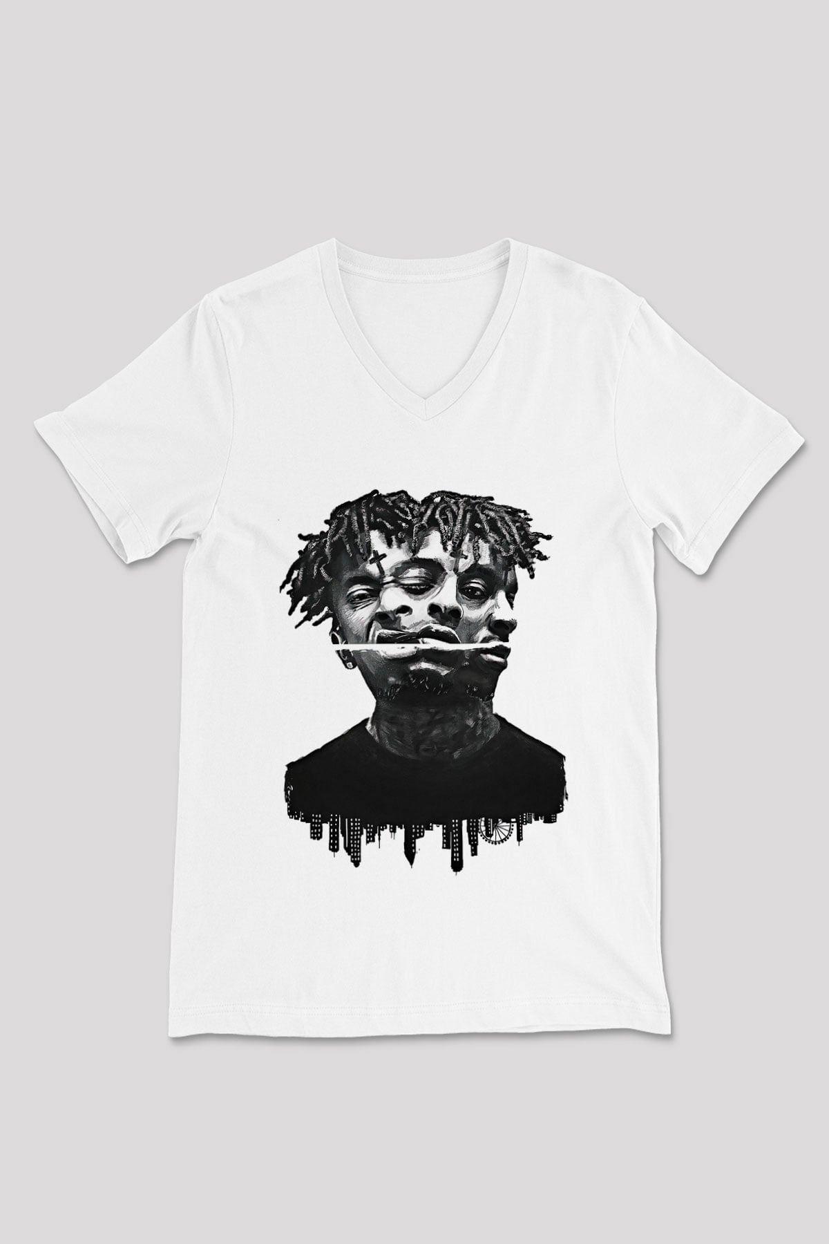 21 Savage Baskılı Beyaz Unisex V Yaka Tişört - Tshirt