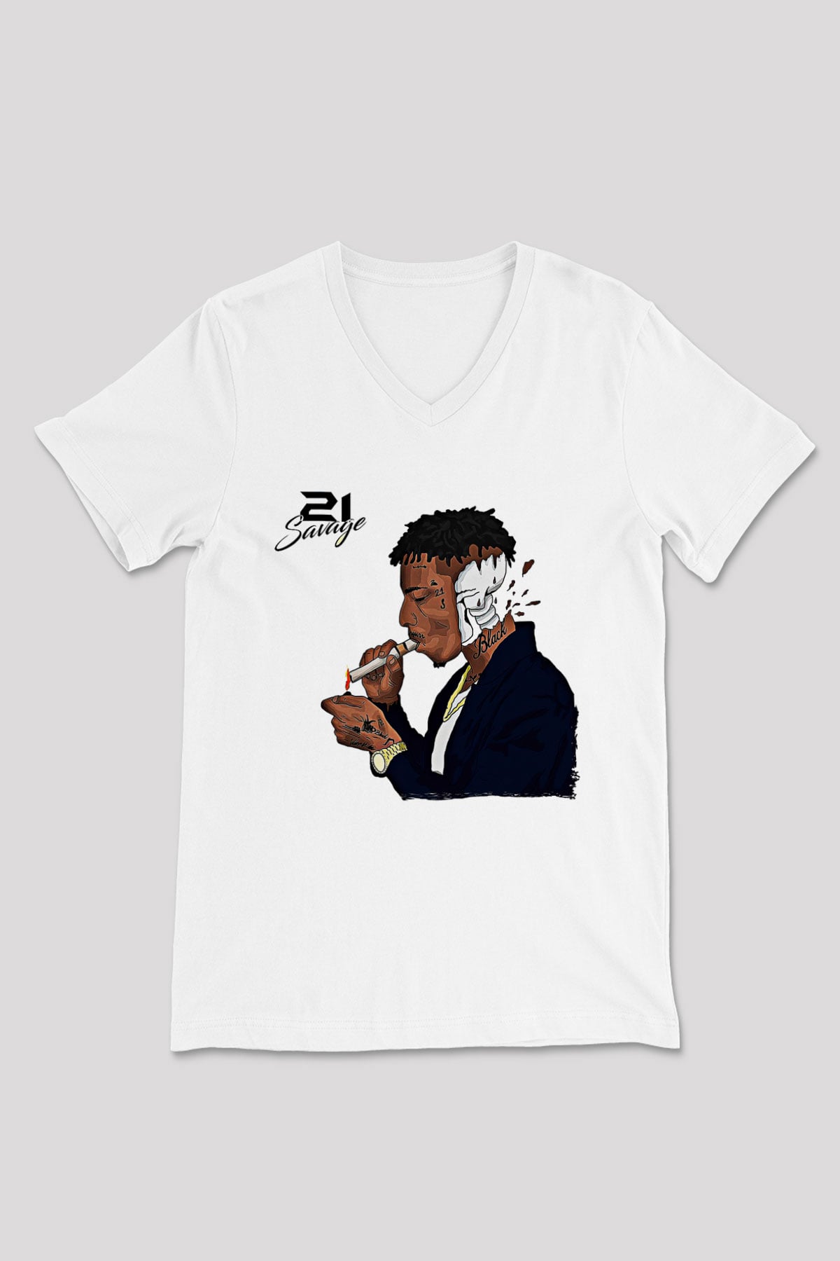 21 Savage Baskılı Beyaz Unisex V Yaka Tişört - Tshirt