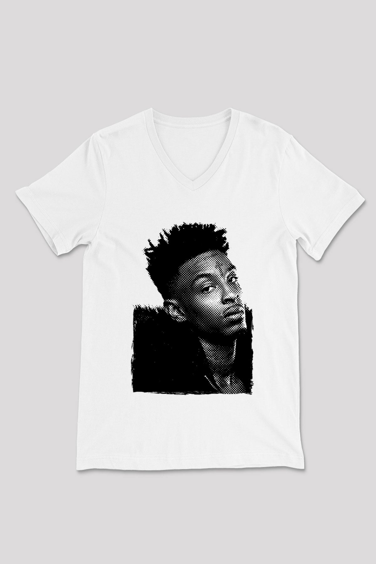21 Savage Baskılı Beyaz Unisex V Yaka Tişört - Tshirt