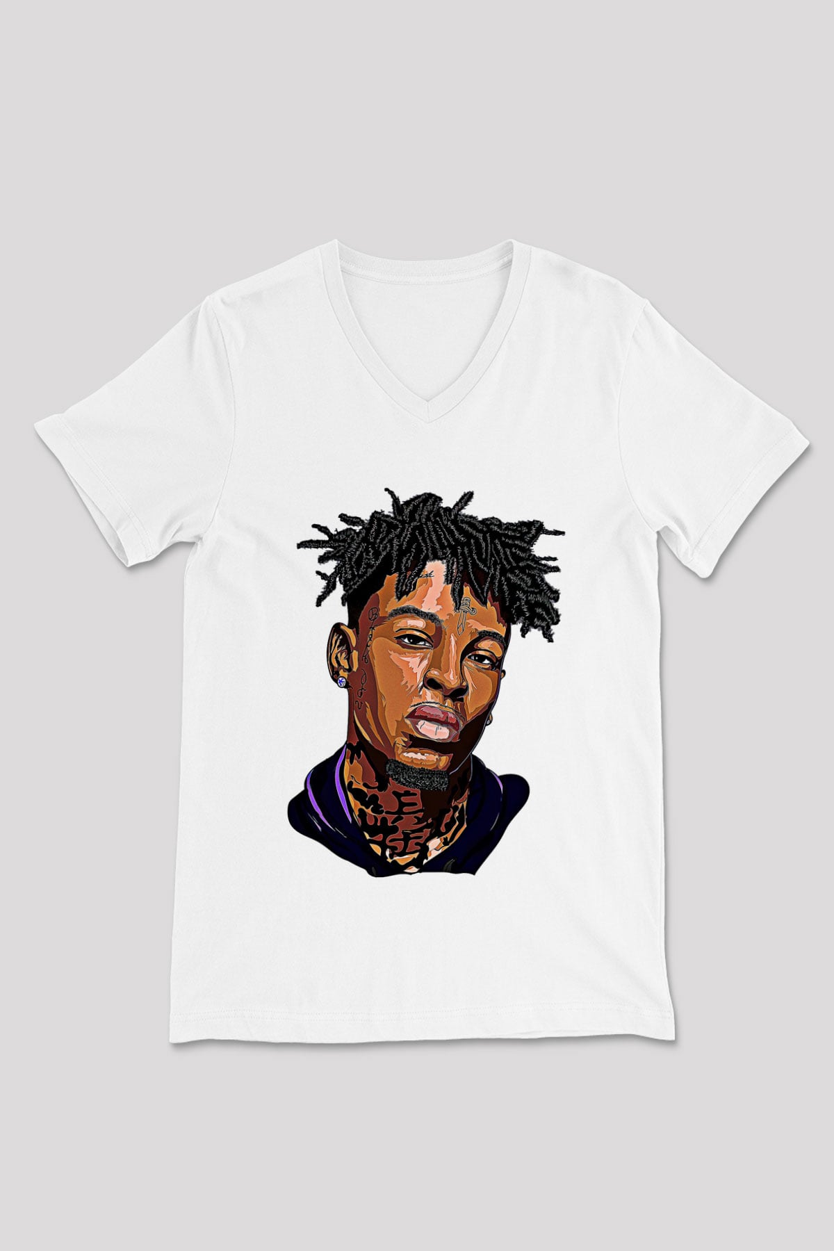 21 Savage Baskılı Beyaz Unisex V Yaka Tişört - Tshirt