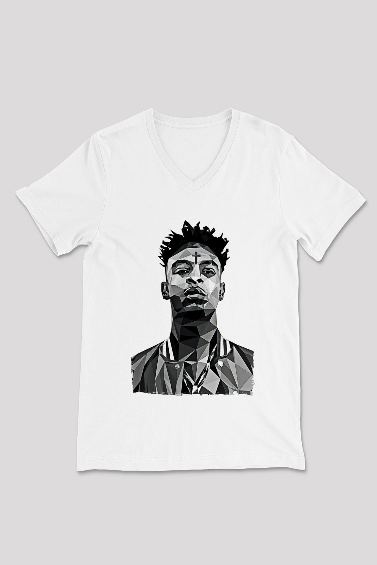 21 Savage Baskılı Beyaz Unisex V Yaka Tişört - Tshirt