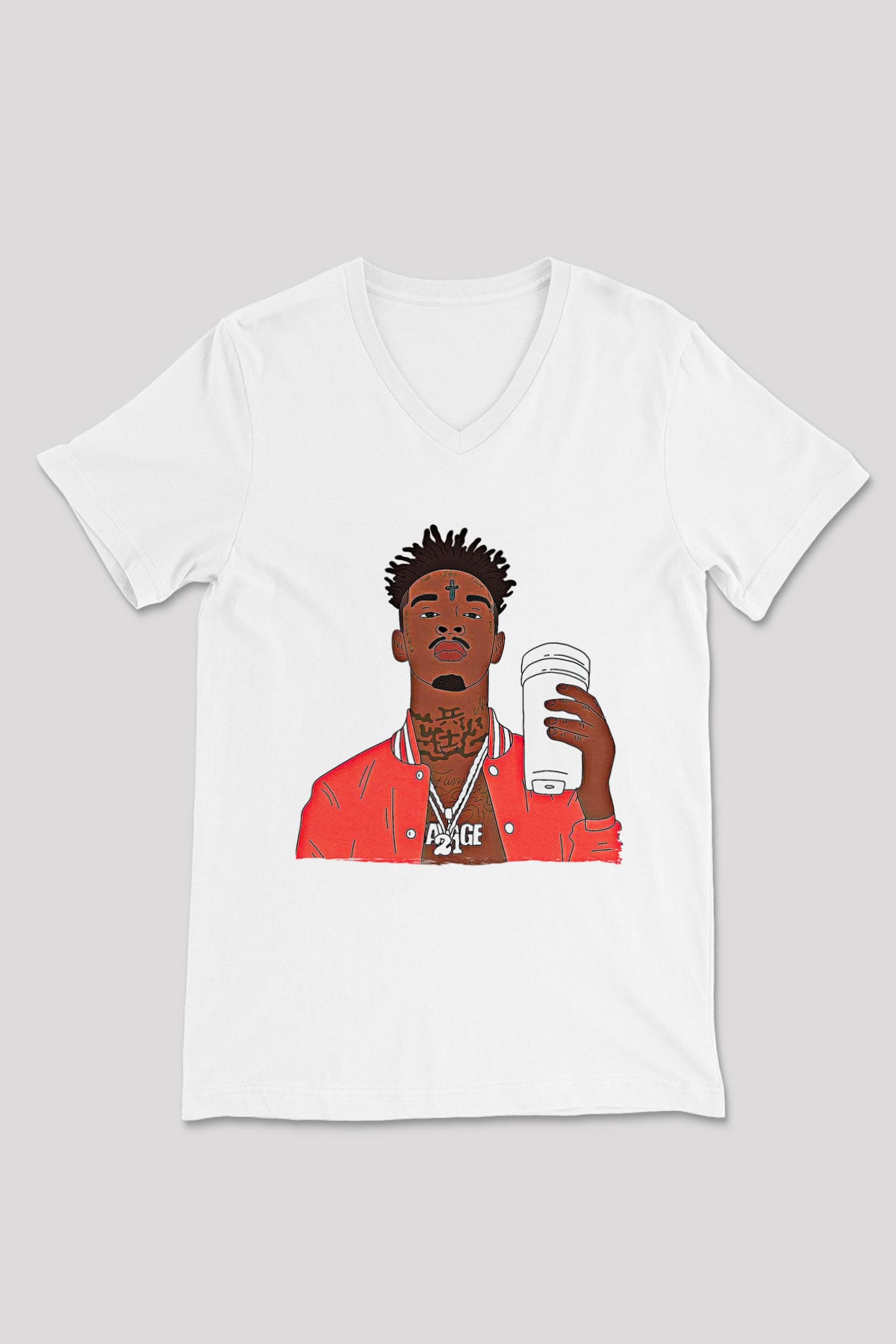 21 Savage Baskılı Beyaz Unisex V Yaka Tişört - Tshirt