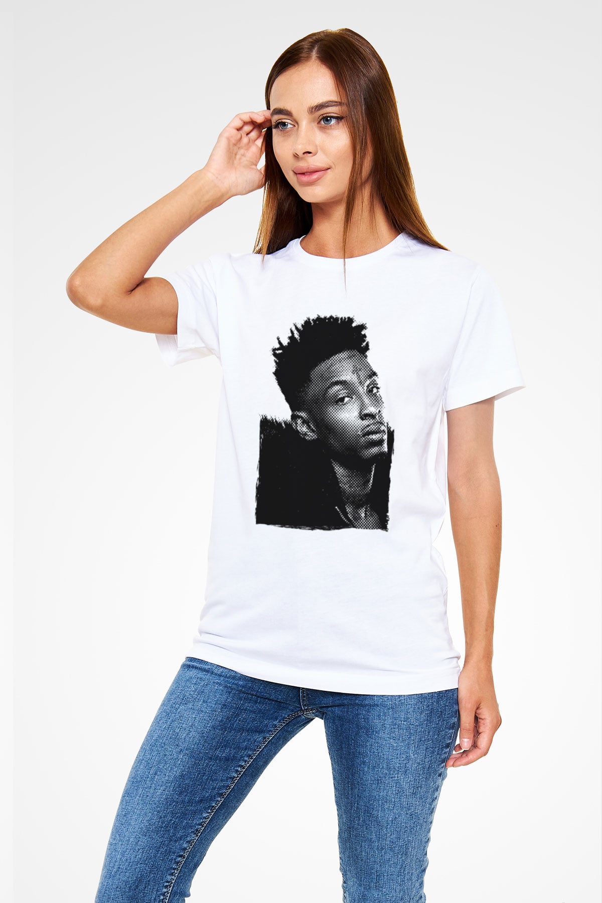 21 Savage Baskılı Unisex Beyaz Tişört - Tshirt