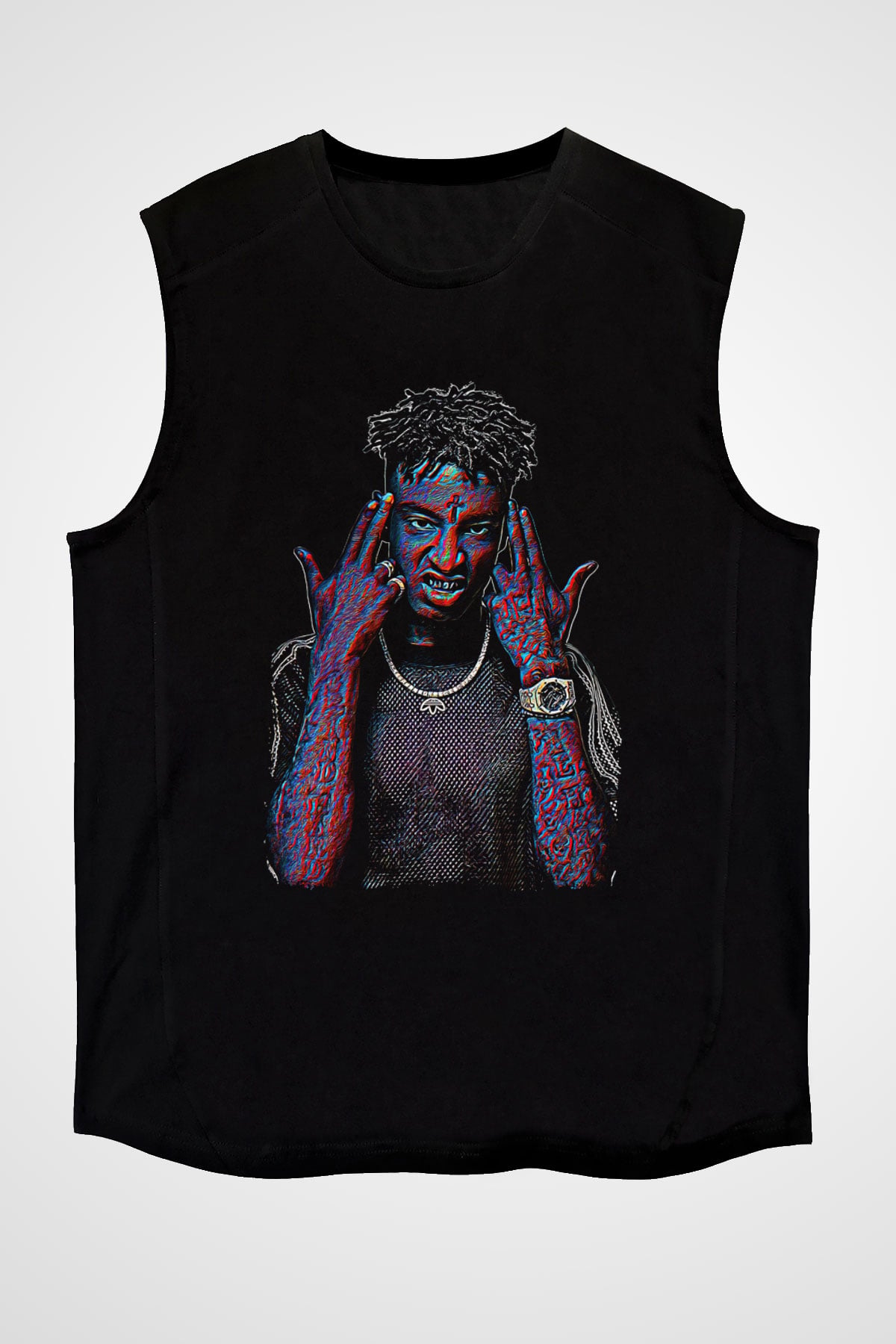 21 Savage Baskılı Unisex Siyah Kolsuz Tişört - Tshirt