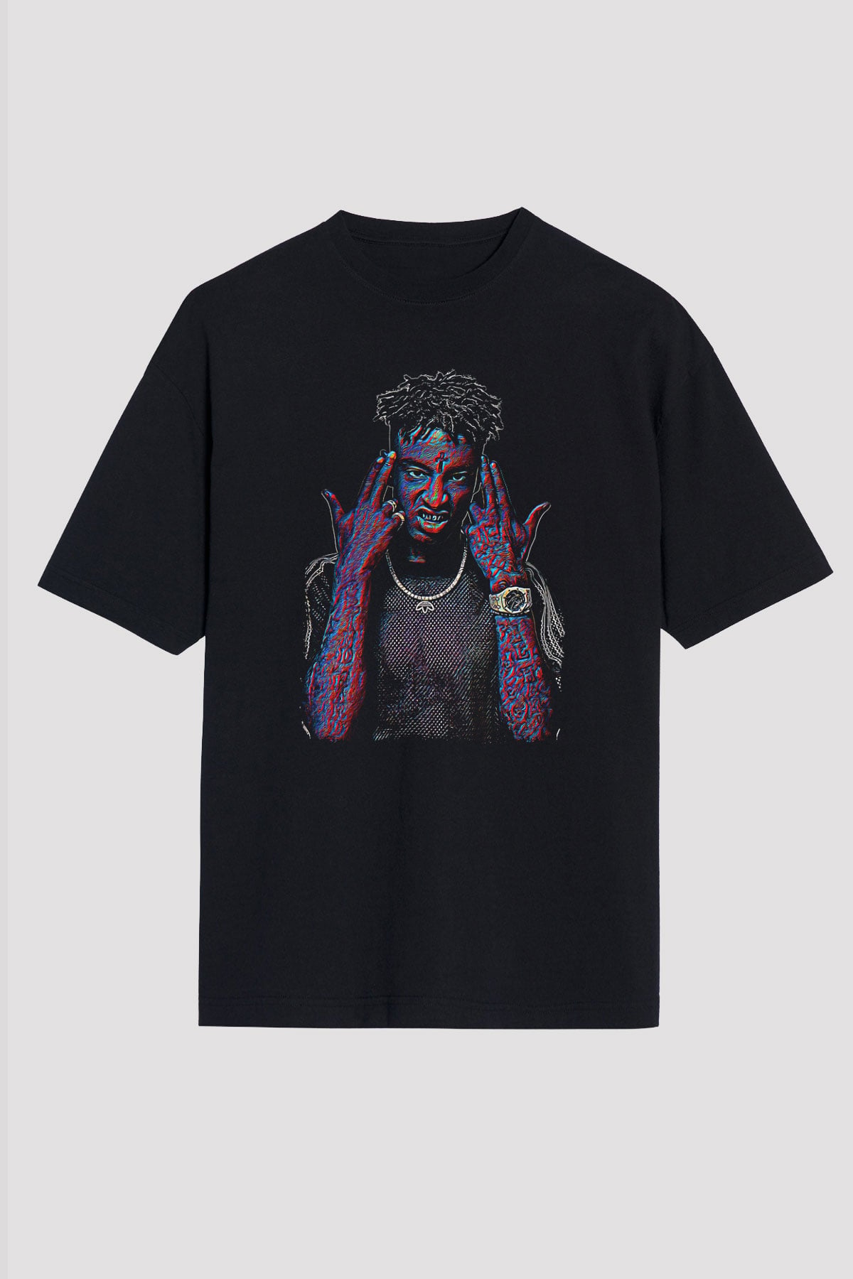 21 Savage Baskılı Unisex Siyah Oversize Tişört - Tshirt