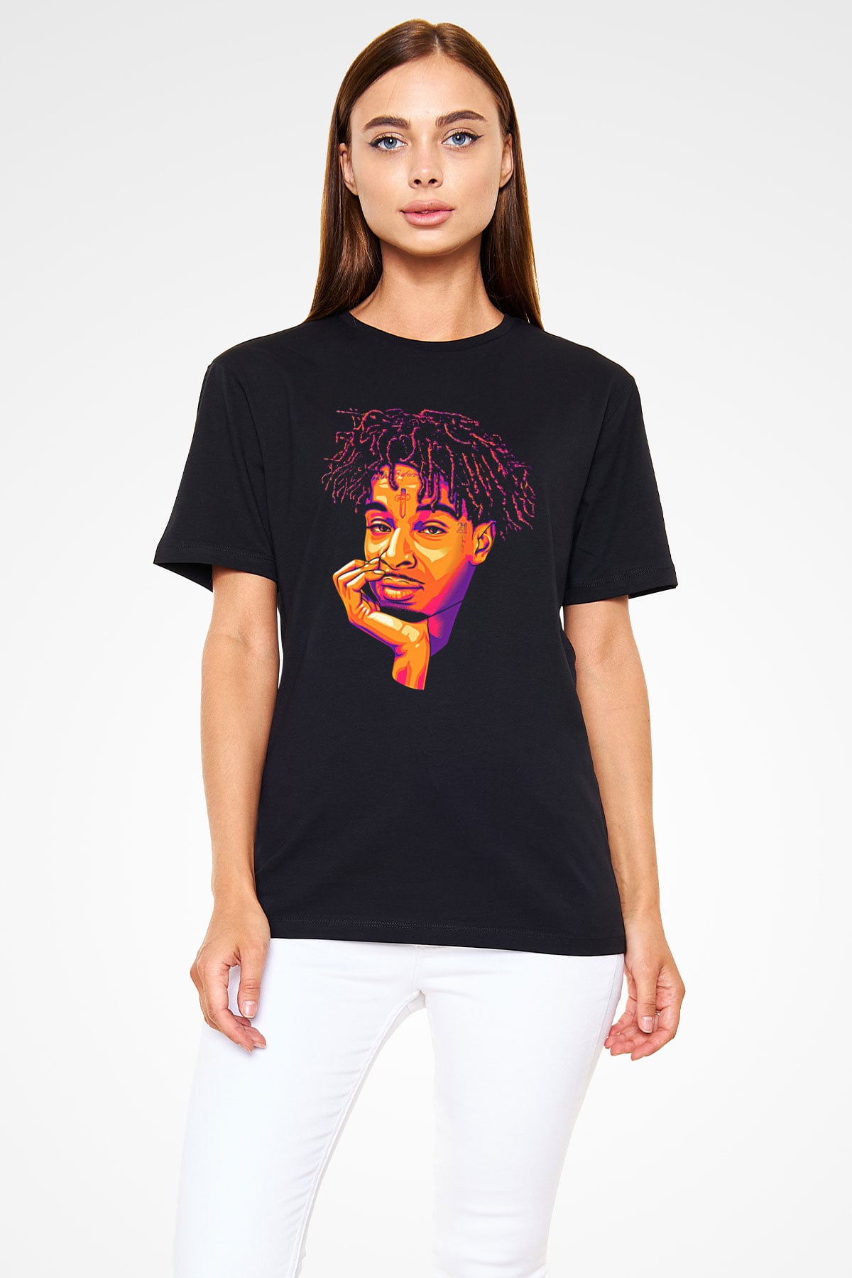 21 Savage Baskılı Unisex Siyah Tişört - Tshirt