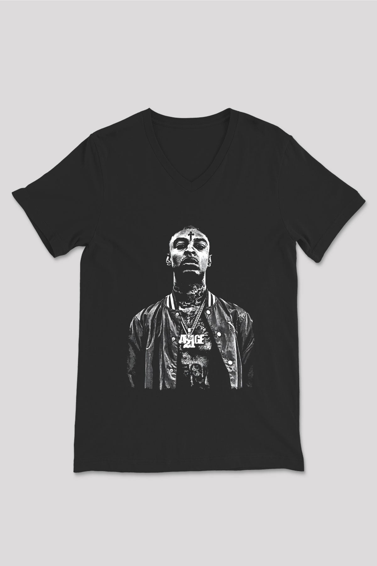21 Savage Baskılı Unisex Siyah V Yaka Tişört - Tshirt
