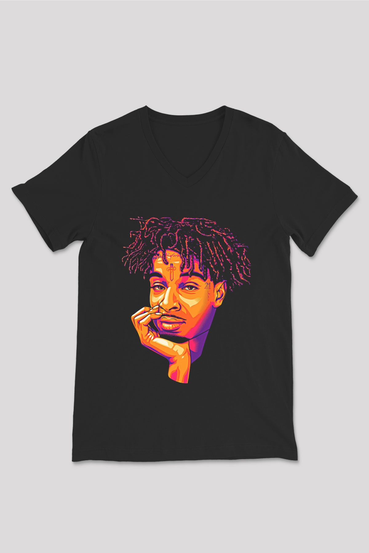 21 Savage Baskılı Unisex Siyah V Yaka Tişört - Tshirt