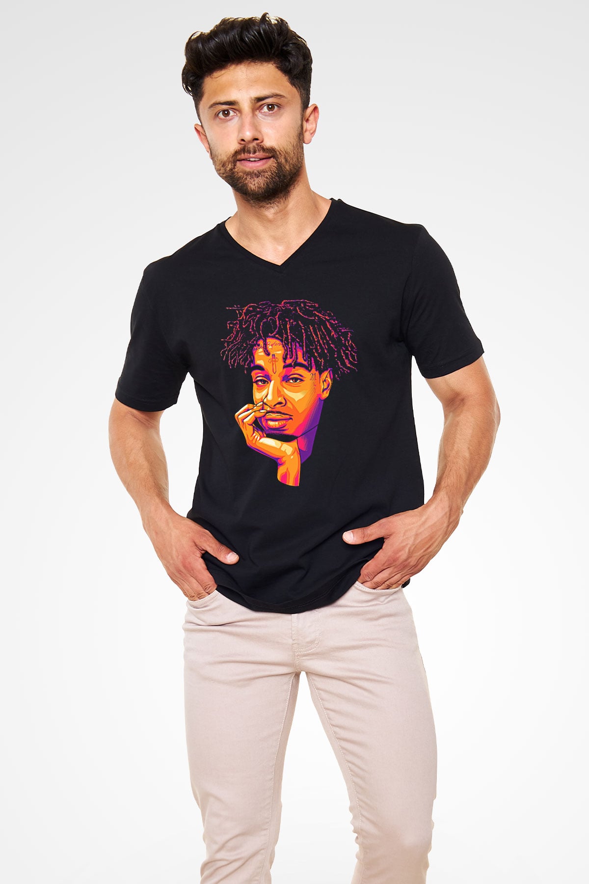 21 Savage Baskılı Unisex Siyah V Yaka Tişört - Tshirt