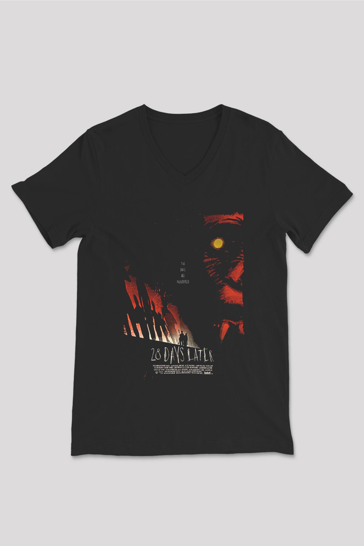 28 Days Later Baskılı Unisex Siyah V Yaka Tişört - Tshirt