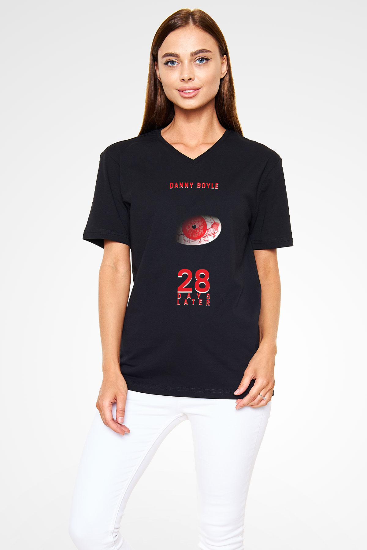 28 Days Later Baskılı Unisex Siyah V Yaka Tişört - Tshirt