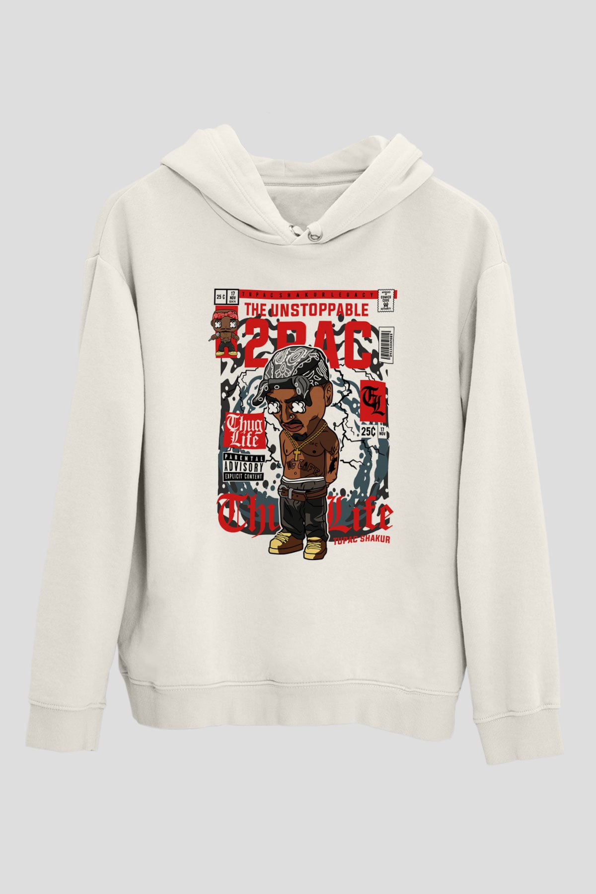 2PAC Baskılı Unisex Beyaz Hoodie