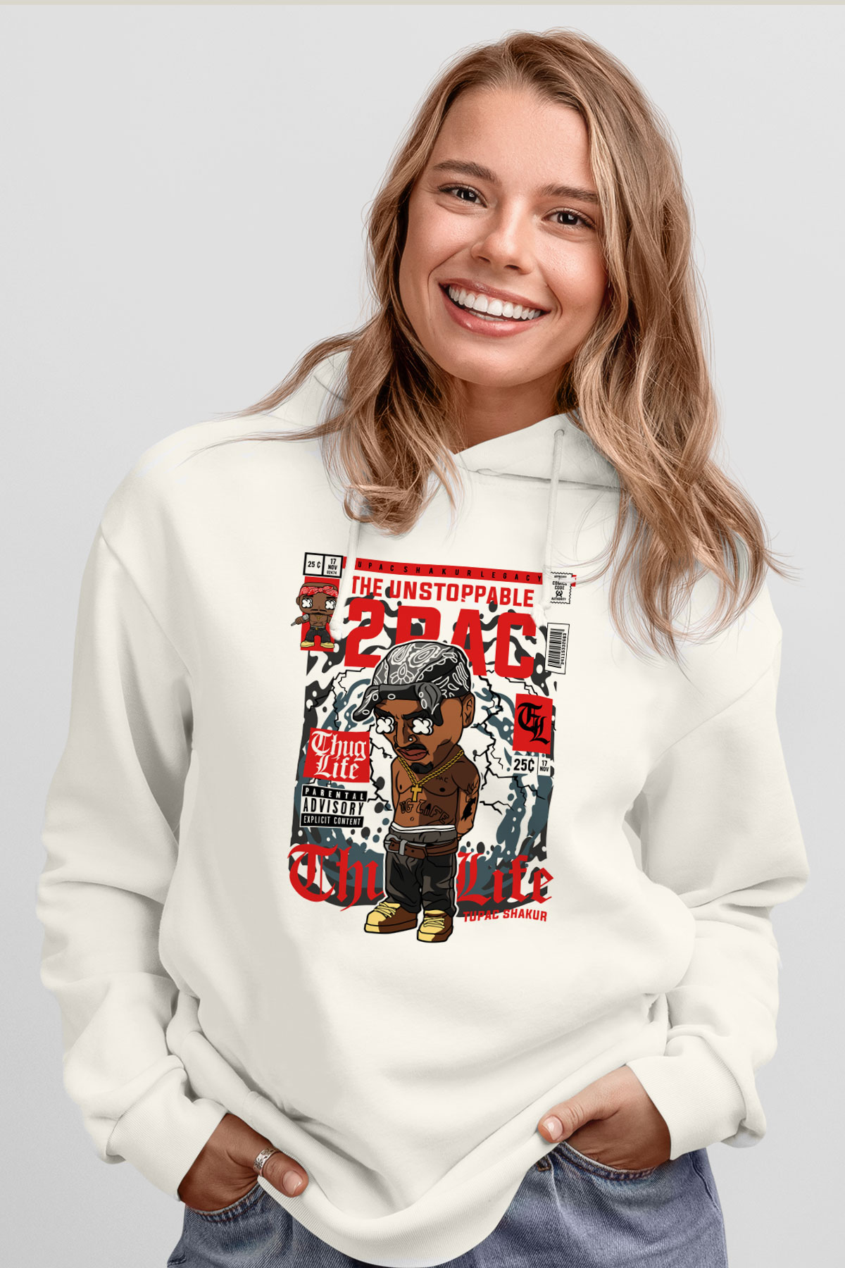 2PAC Baskılı Unisex Beyaz Hoodie