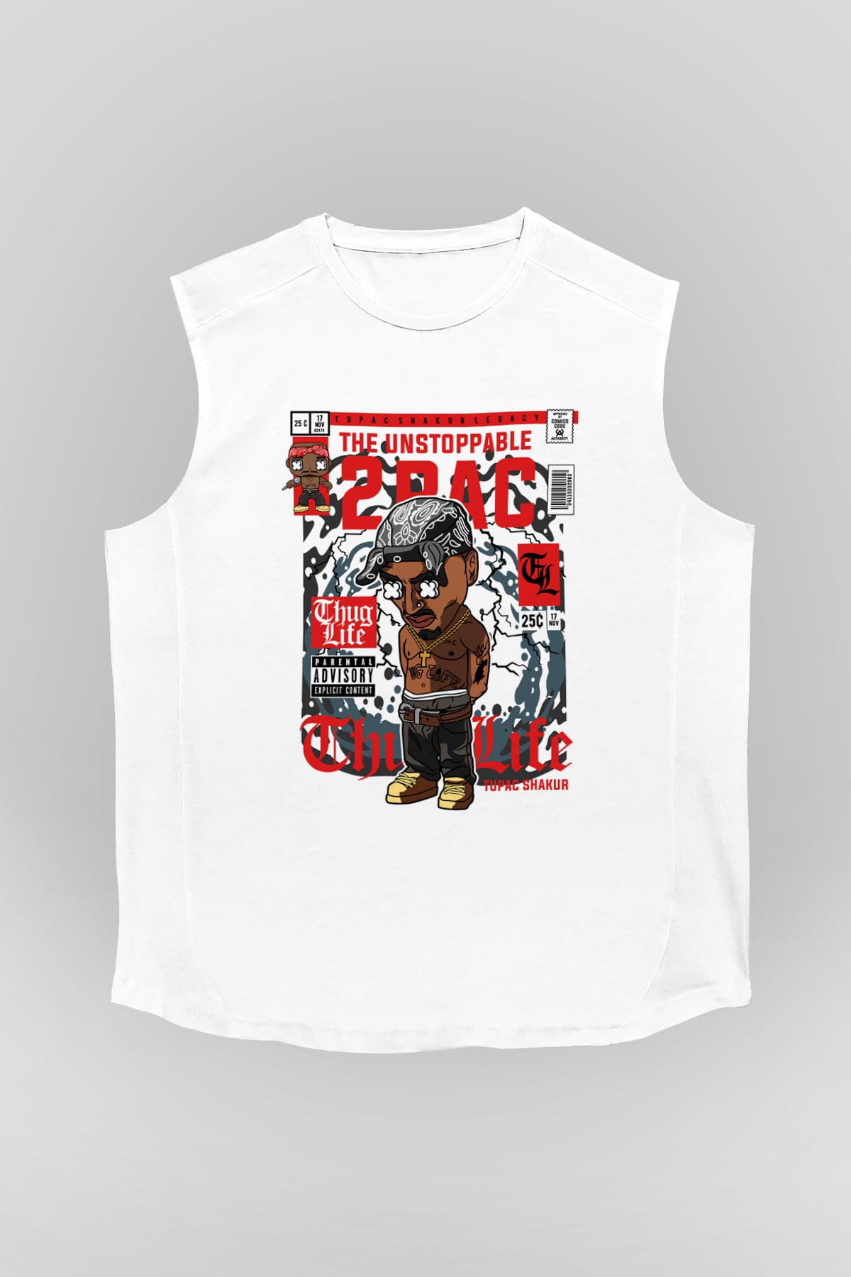 2PAC Baskılı Unisex Beyaz Kolsuz Tişört