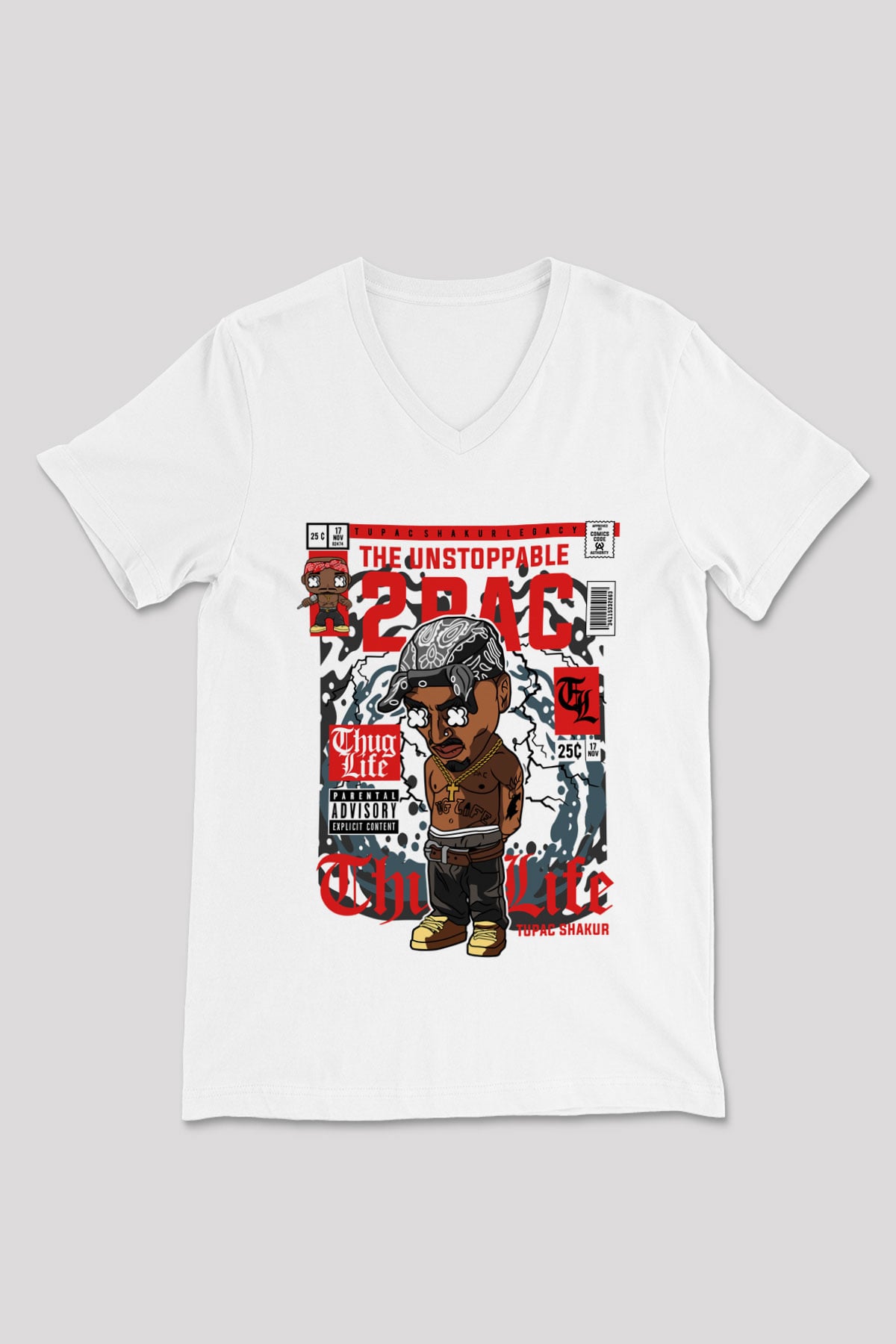 2PAC Baskılı Unisex Beyaz V Yaka Tişört